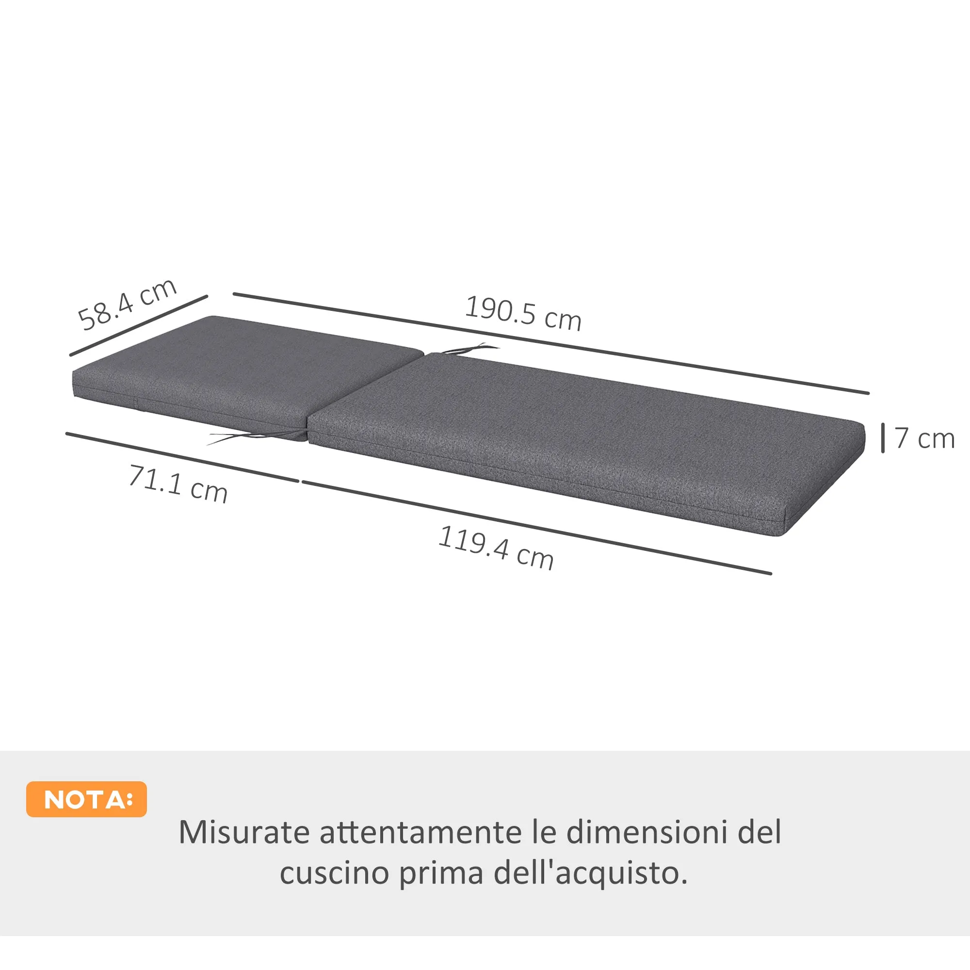 Outsunny Set of 2 Outdoor Chair Cushions with Ties and 2 Pads, in Polyester and Cotton, 190.5 x 58.4 x 7 cm, Grey - Image 3