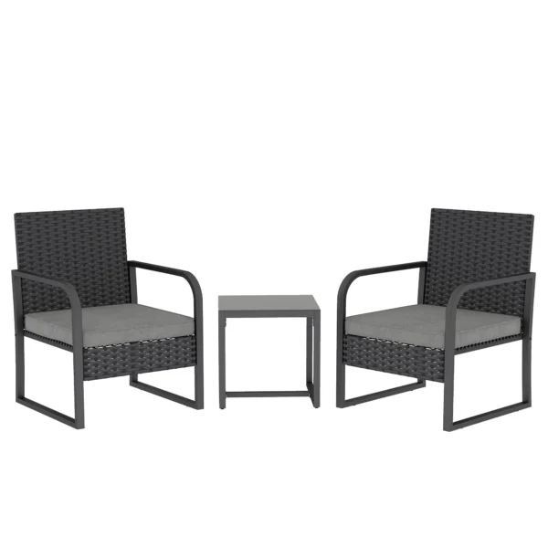 Outsunny Rattan Garden Lounge Set with 2 Outdoor Armchairs and Glass Top Coffee Table, Black