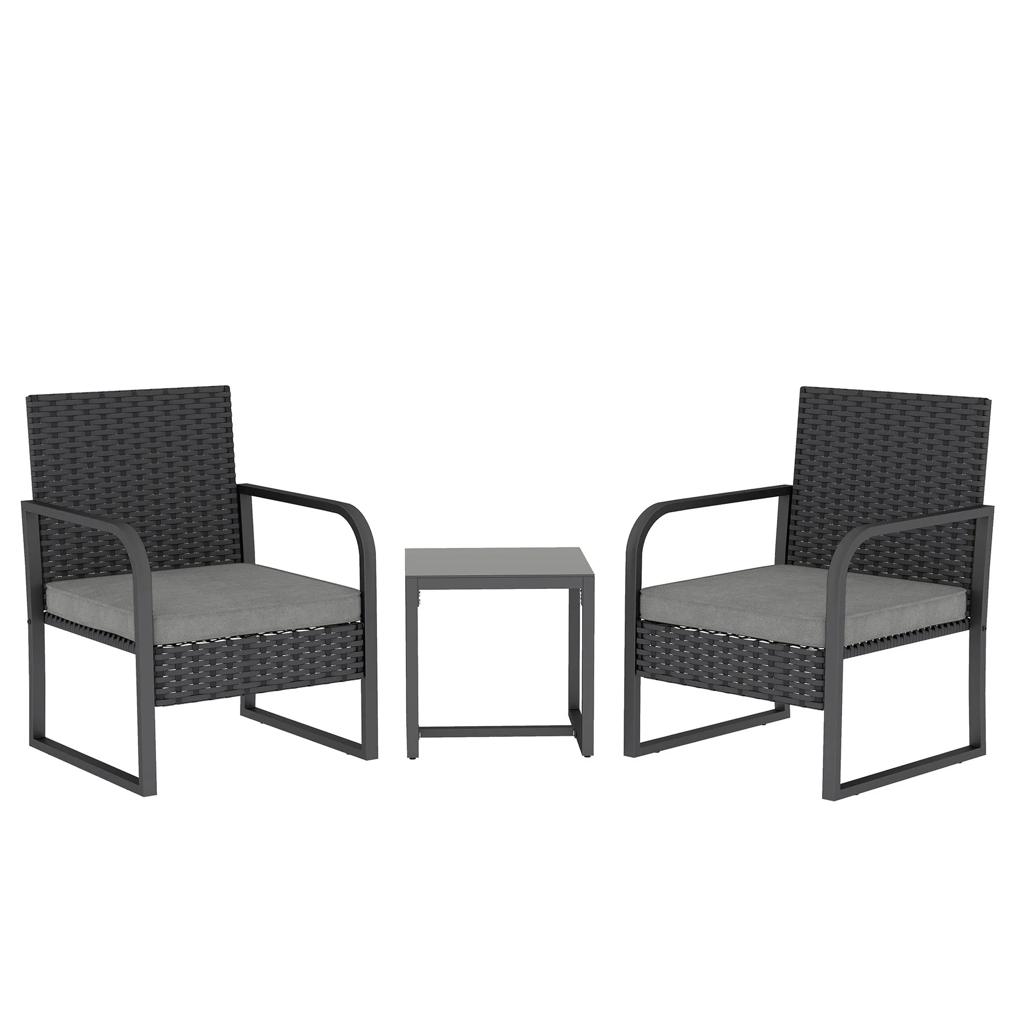 Outsunny Rattan Garden Lounge Set with 2 Outdoor Armchairs and Glass Top Coffee Table, Black