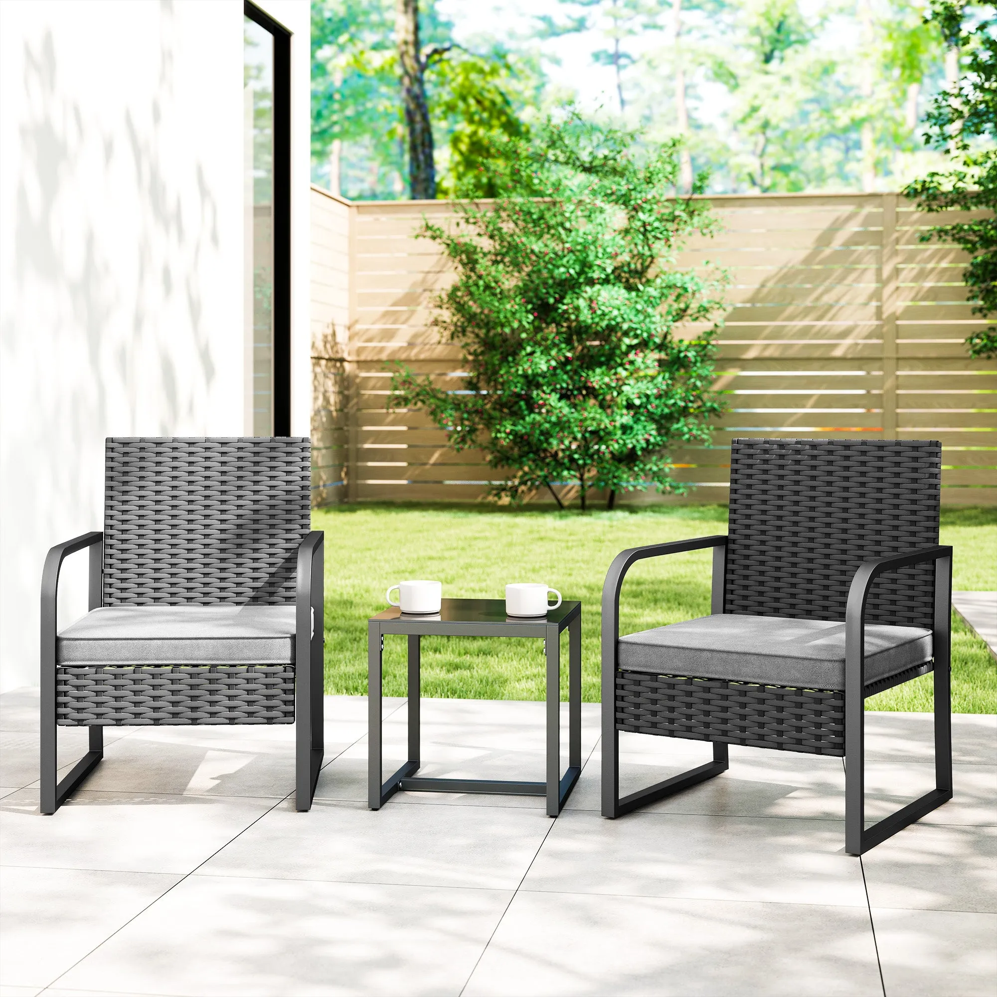 Outsunny Rattan Garden Lounge Set with 2 Outdoor Armchairs and Glass Top Coffee Table, Black - Image 2
