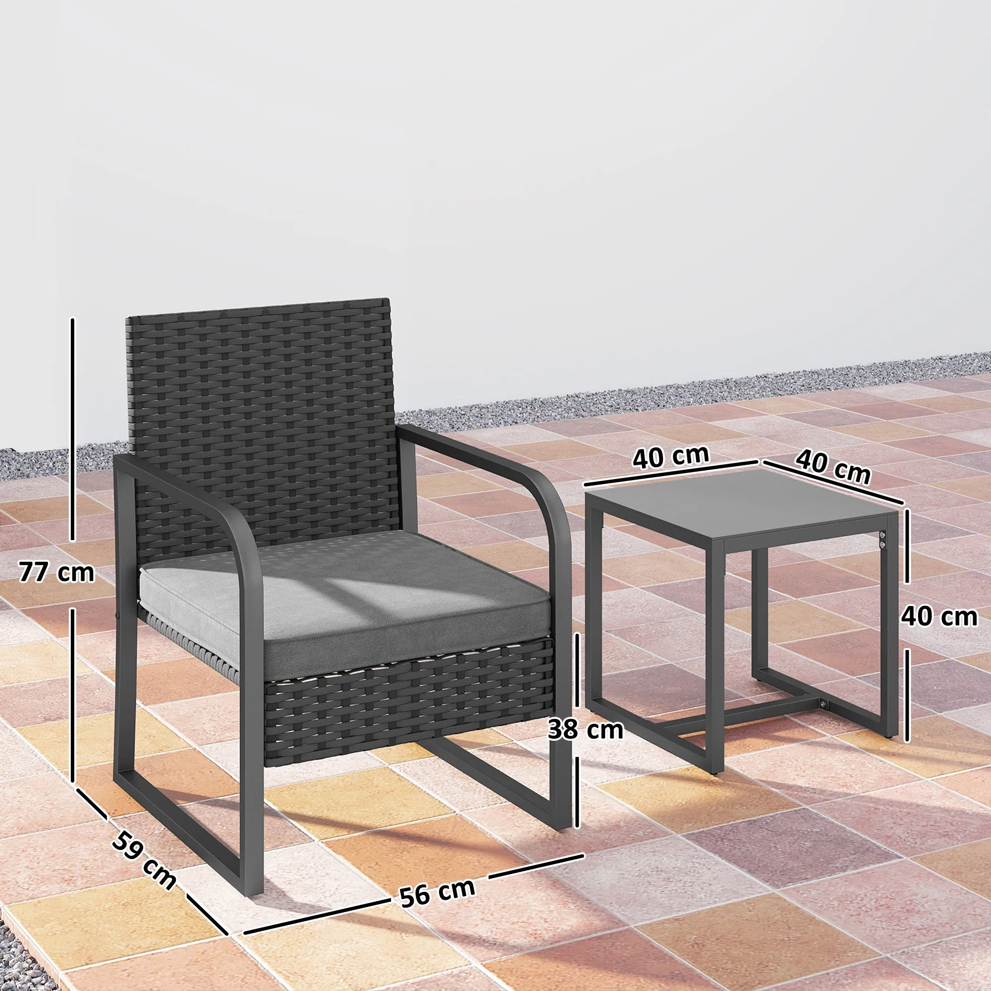 Outsunny Rattan Garden Lounge Set with 2 Outdoor Armchairs and Glass Top Coffee Table, Black - Image 3