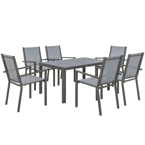 Outsunny Garden Set with 6 Stackable Chairs and Rectangular Dining Table, Light Grey