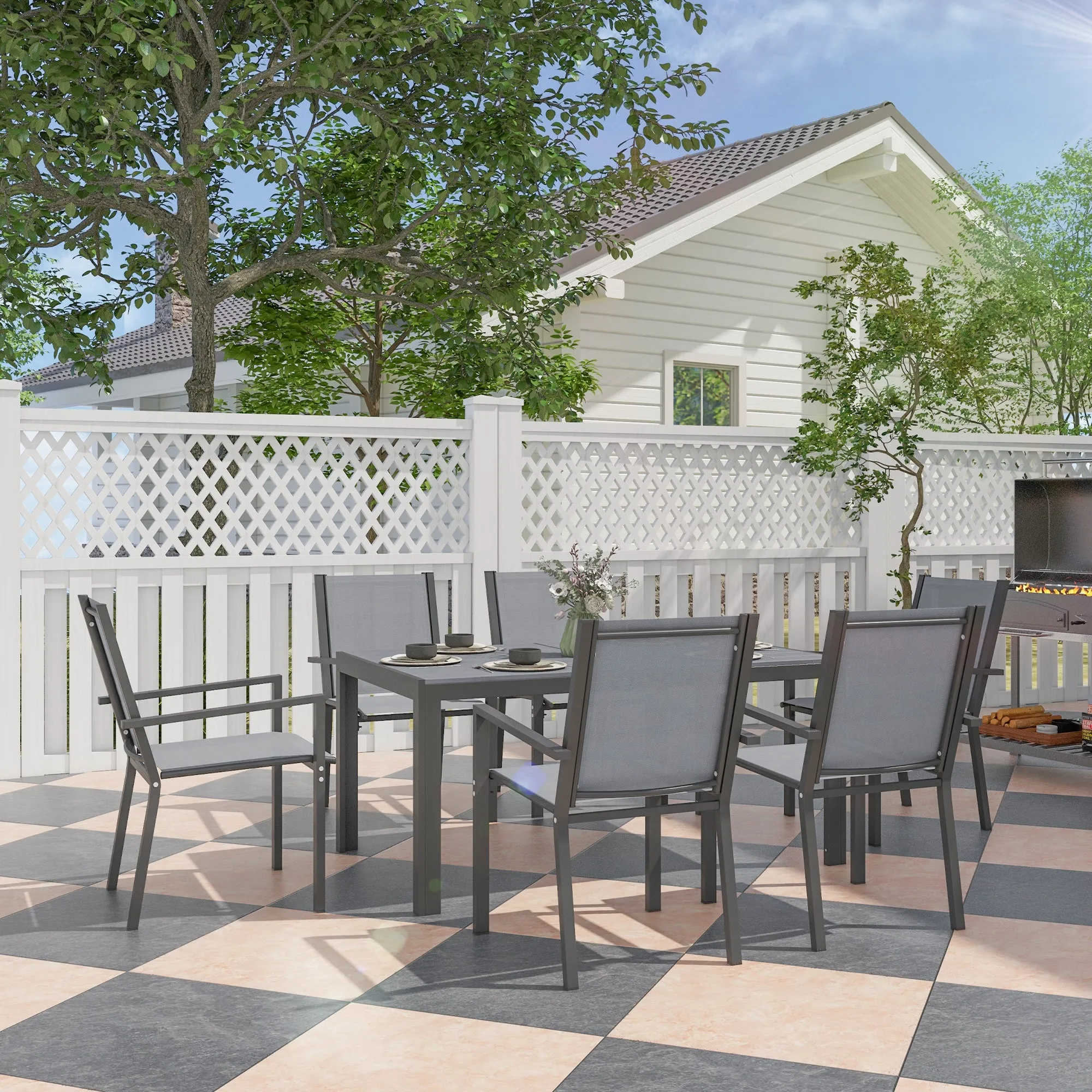 Outsunny Garden Set with 6 Stackable Chairs and Rectangular Dining Table, Light Grey - Image 2