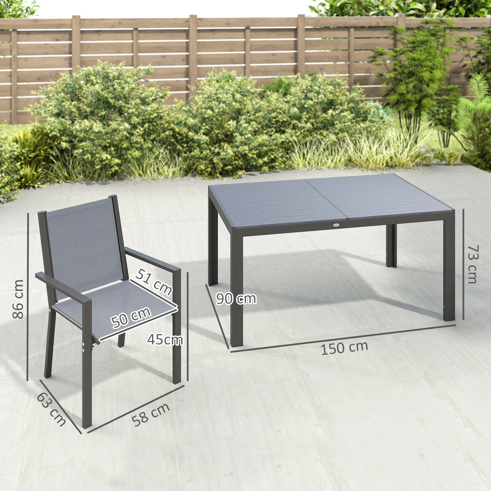 Outsunny Garden Set with 6 Stackable Chairs and Rectangular Dining Table, Light Grey - Image 3