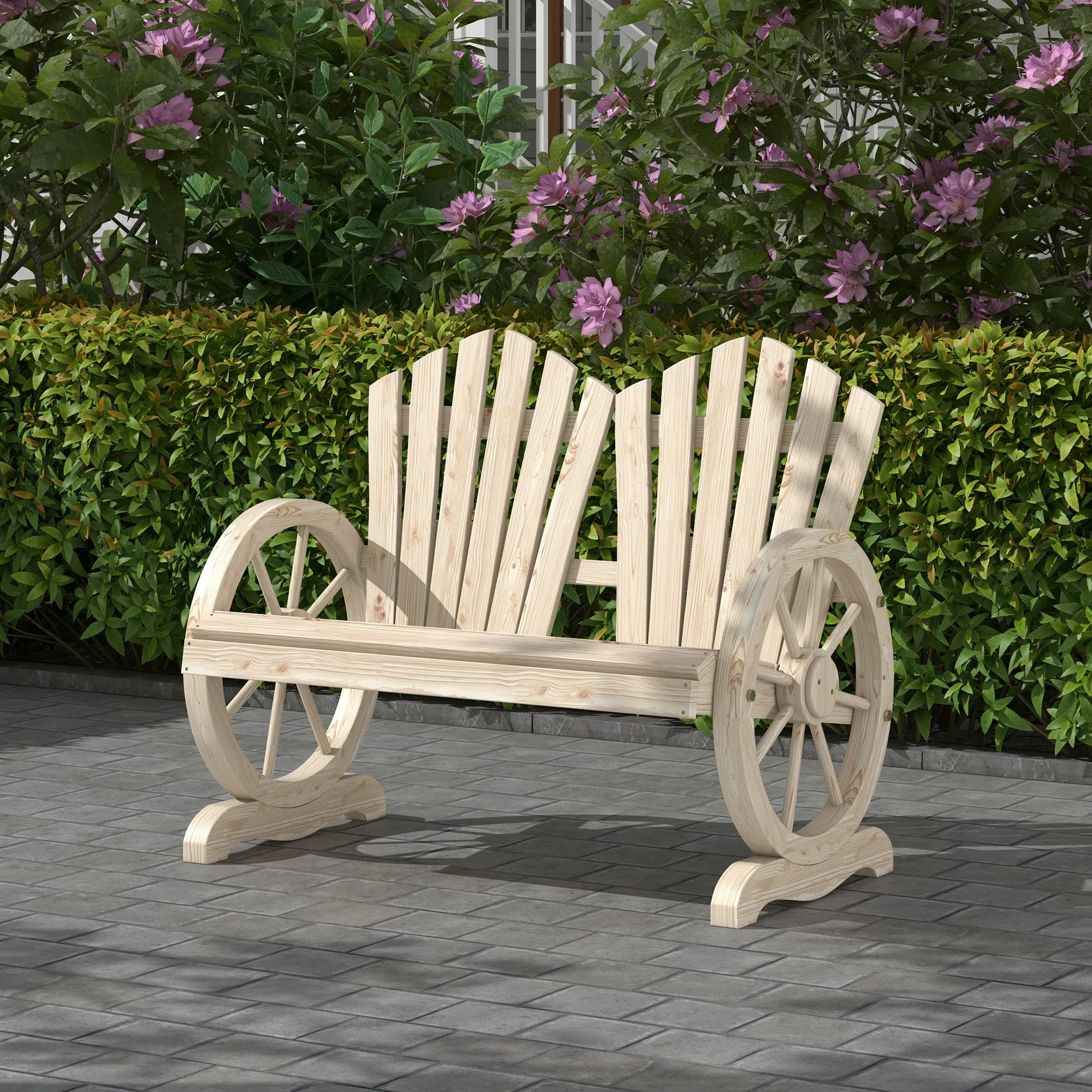 Outsunny Country Style Wooden Garden Bench with Wheel Armrests, 108x66x95cm, Natural Wood - Image 2
