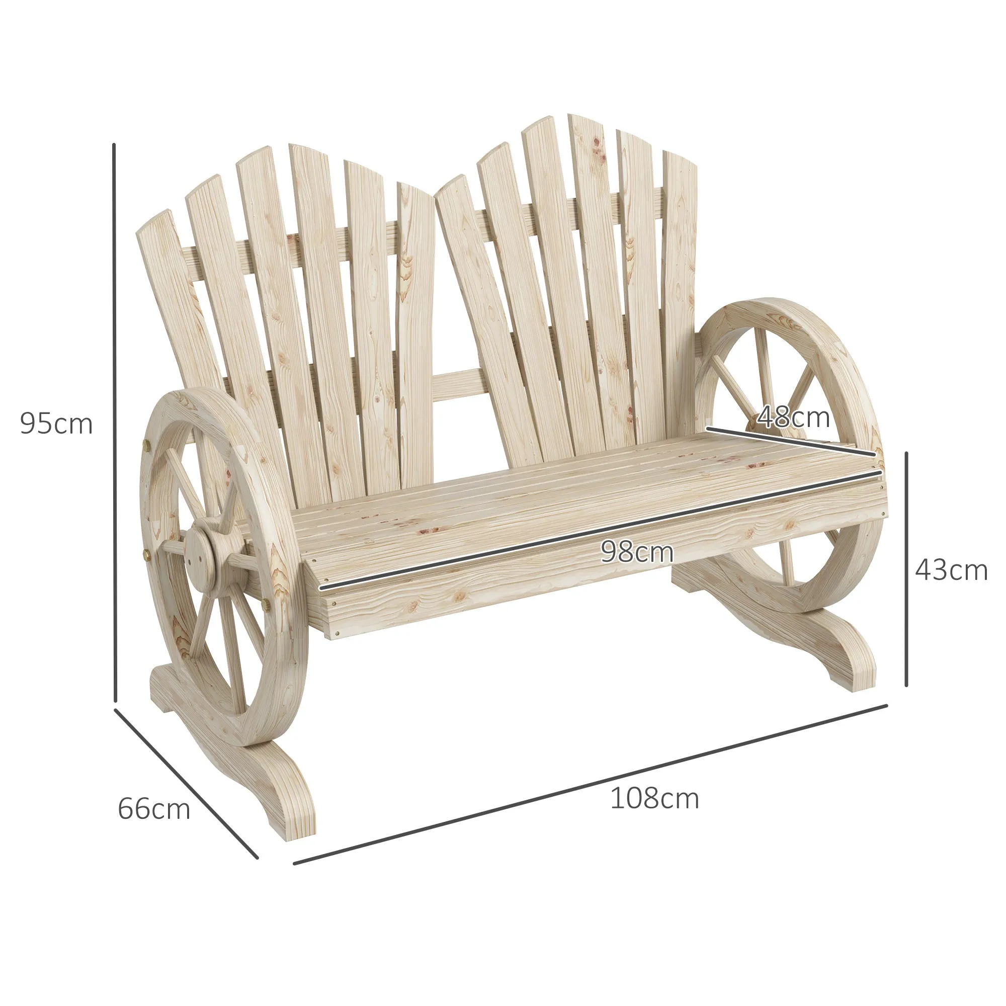 Outsunny Country Style Wooden Garden Bench with Wheel Armrests, 108x66x95cm, Natural Wood - Image 3