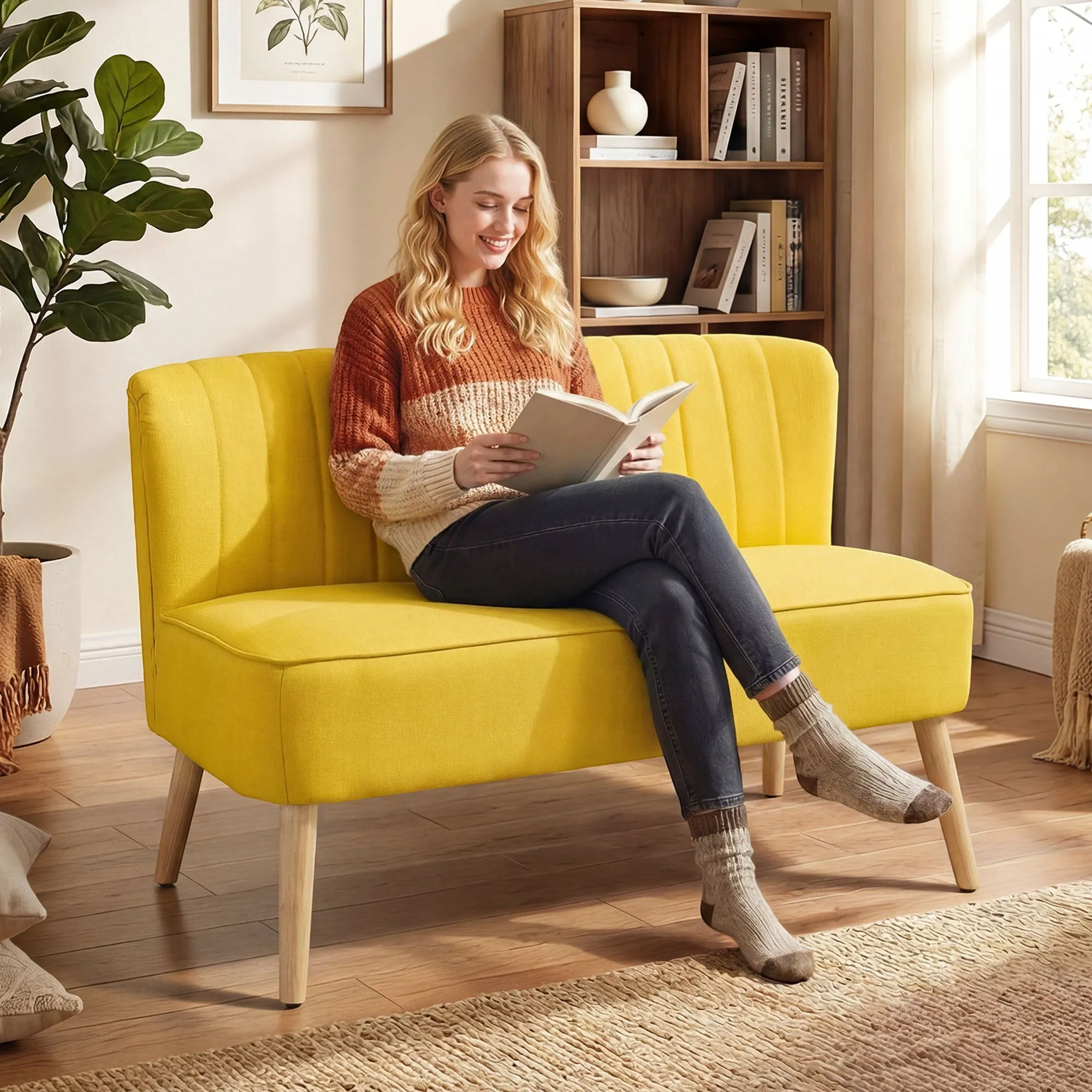 2-Seater Sofa in Linen-Effect Fabric without Armrests with Wooden Legs, 117x56.5x77 cm, Yellow - Image 2