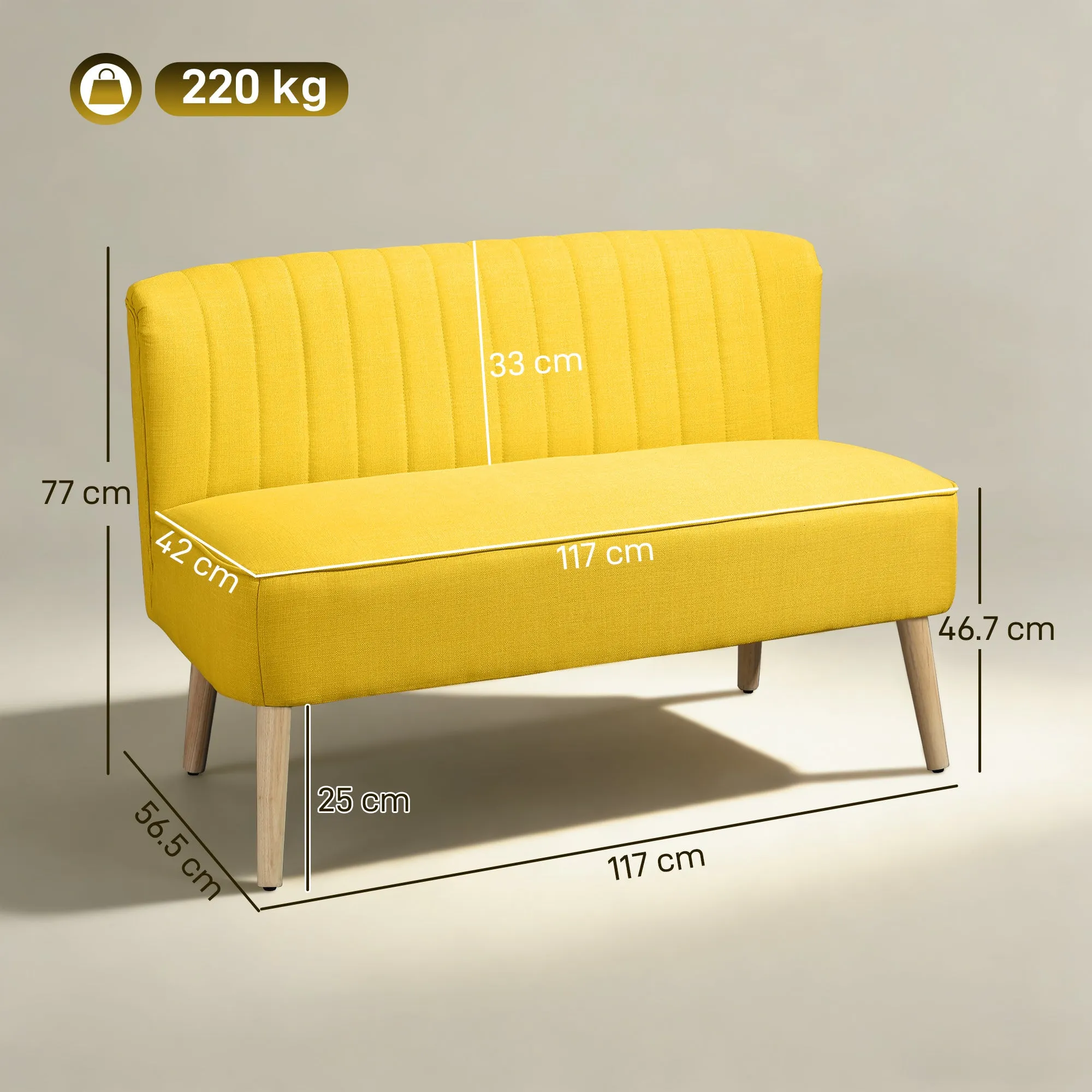 2-Seater Sofa in Linen-Effect Fabric without Armrests with Wooden Legs, 117x56.5x77 cm, Yellow - Image 3