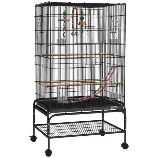 PawHut Bird Cage with Play Area, Wheels, Removable Tray and Shelf, 64x45x110 cm, Black