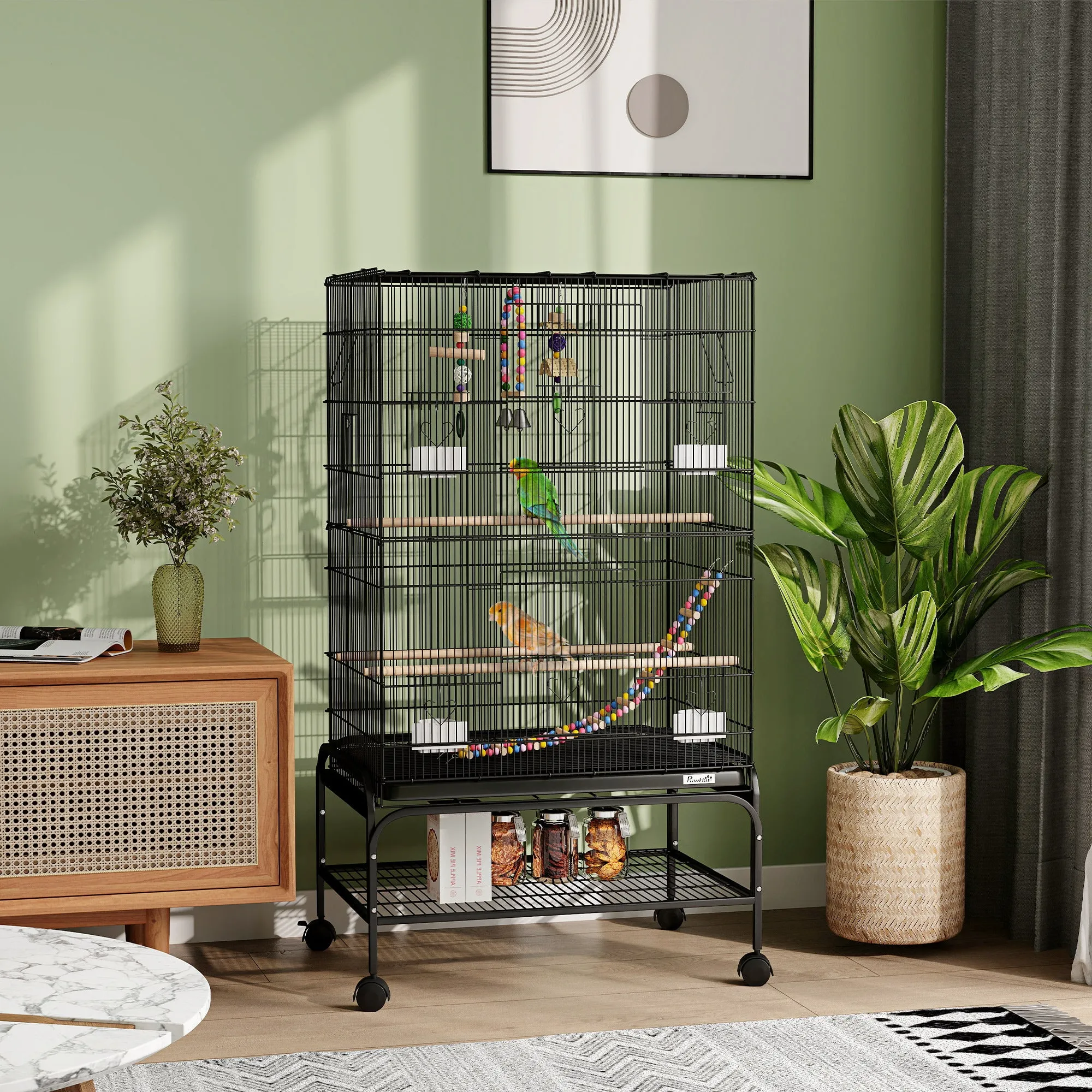 PawHut Bird Cage with Play Area, Wheels, Removable Tray and Shelf, 64x45x110 cm, Black - Image 2