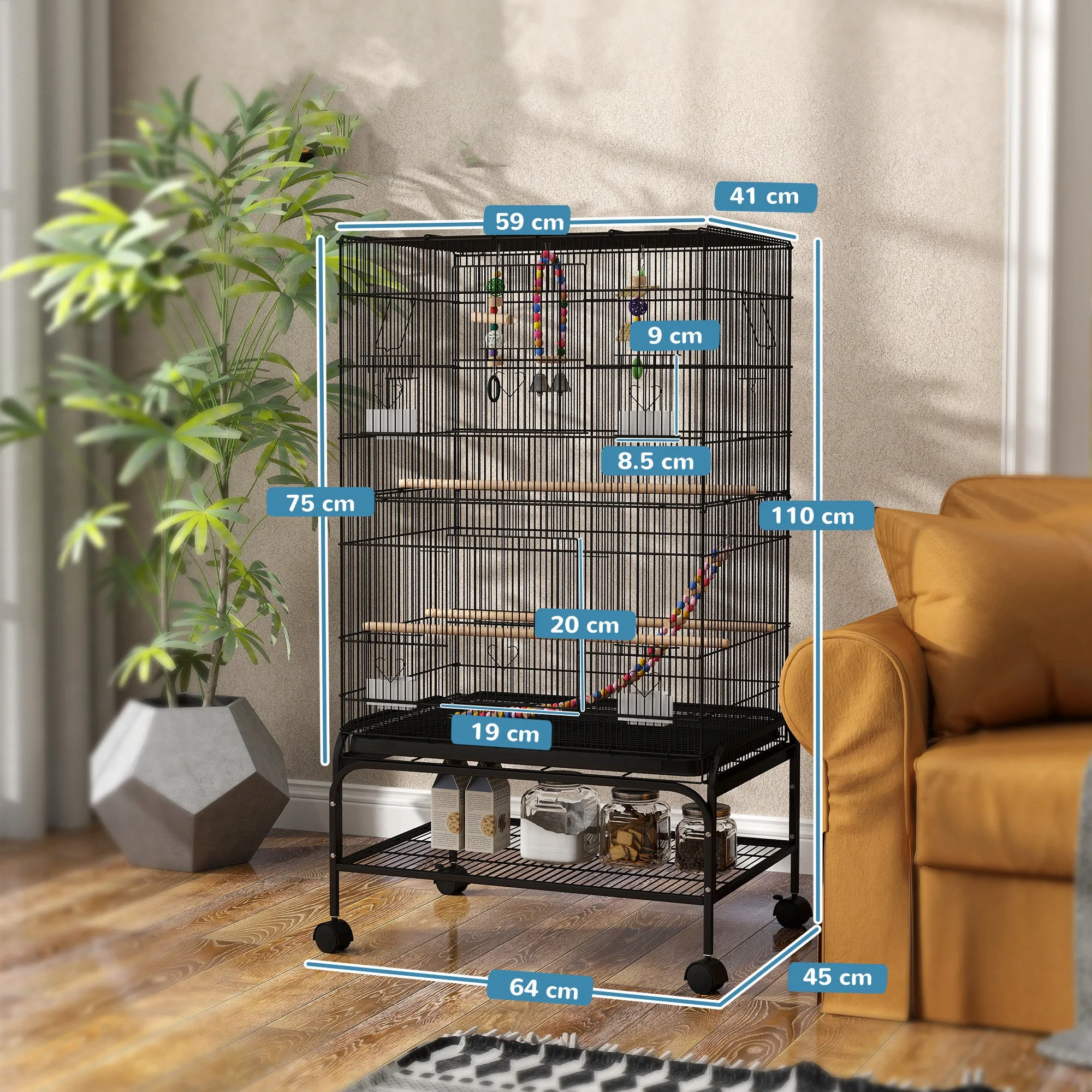 PawHut Bird Cage with Play Area, Wheels, Removable Tray and Shelf, 64x45x110 cm, Black - Image 3