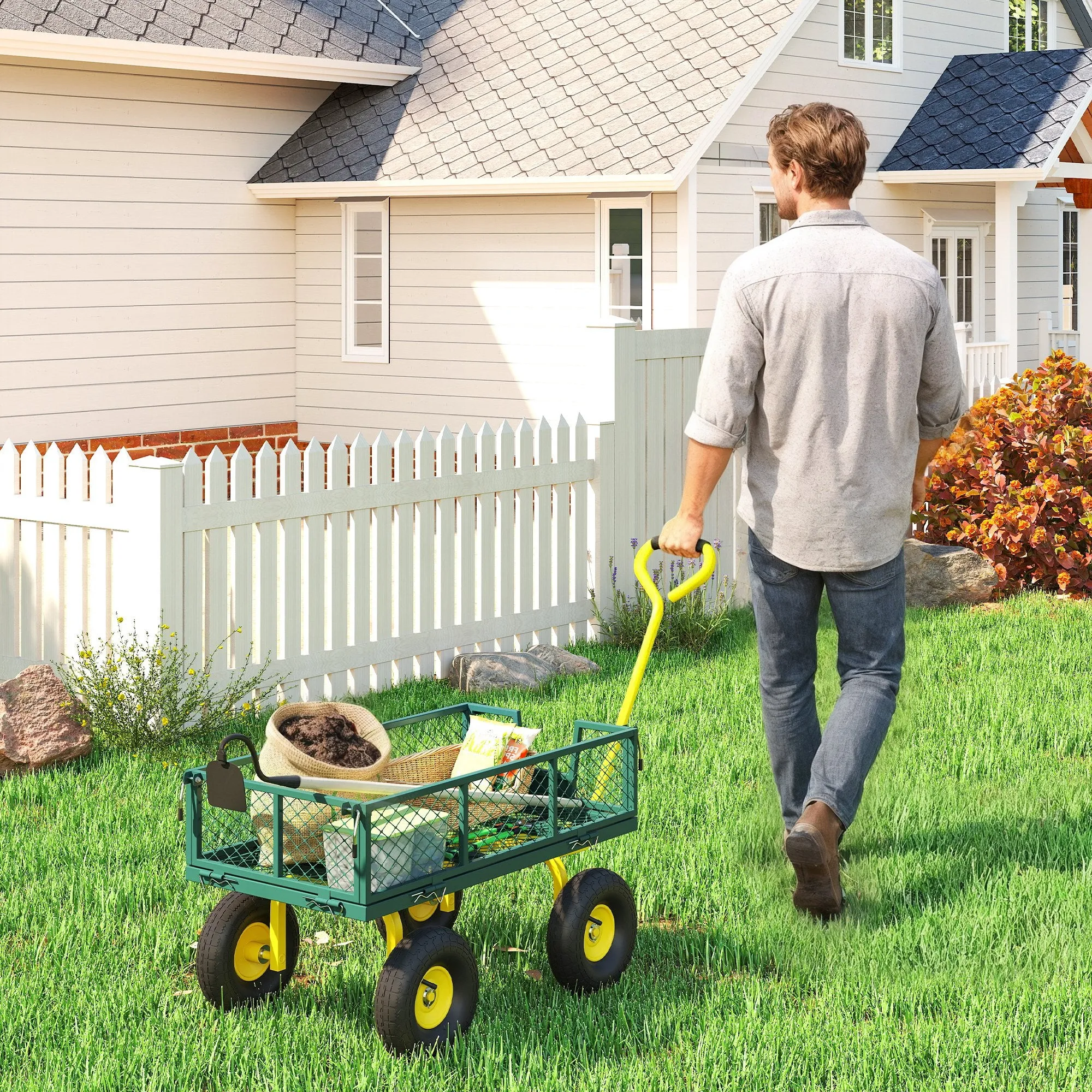 Outsunny Steel Garden Cart with 200 kg Capacity and Removable Side Walls, 104 x 54 x 51 cm, Green and Yellow - Image 2