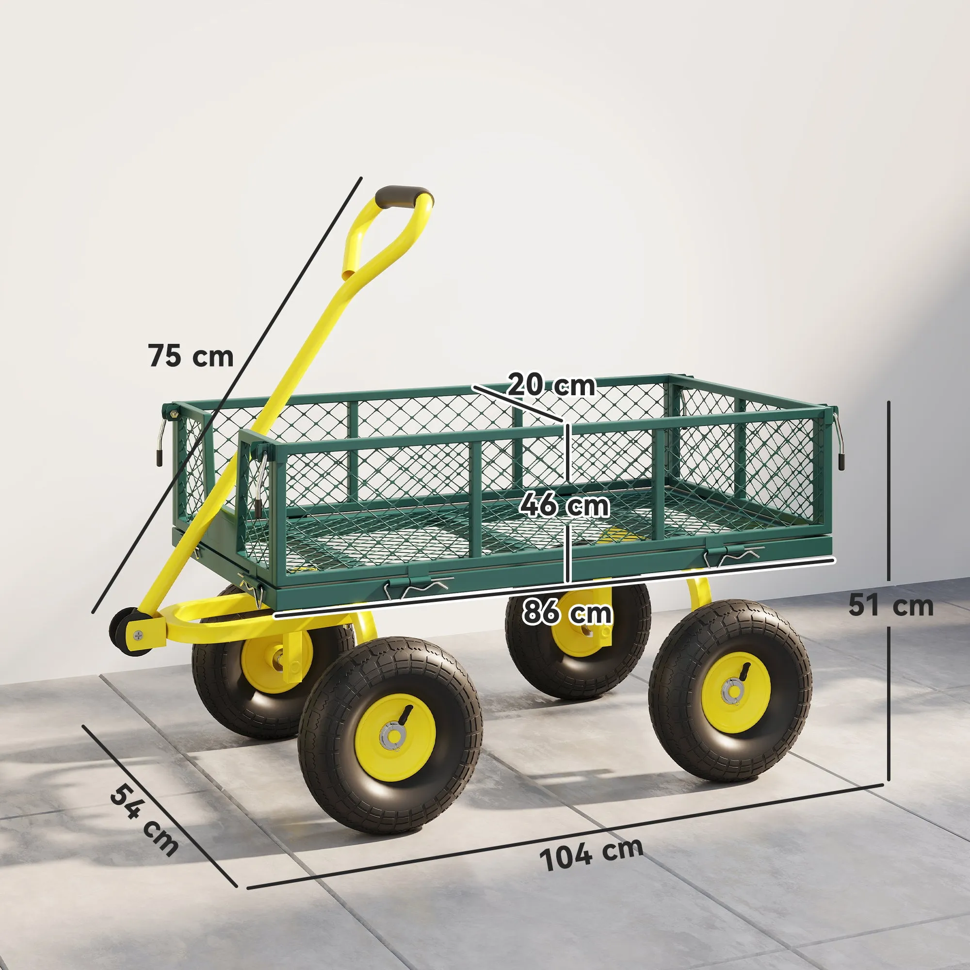 Outsunny Steel Garden Cart with 200 kg Capacity and Removable Side Walls, 104 x 54 x 51 cm, Green and Yellow - Image 3