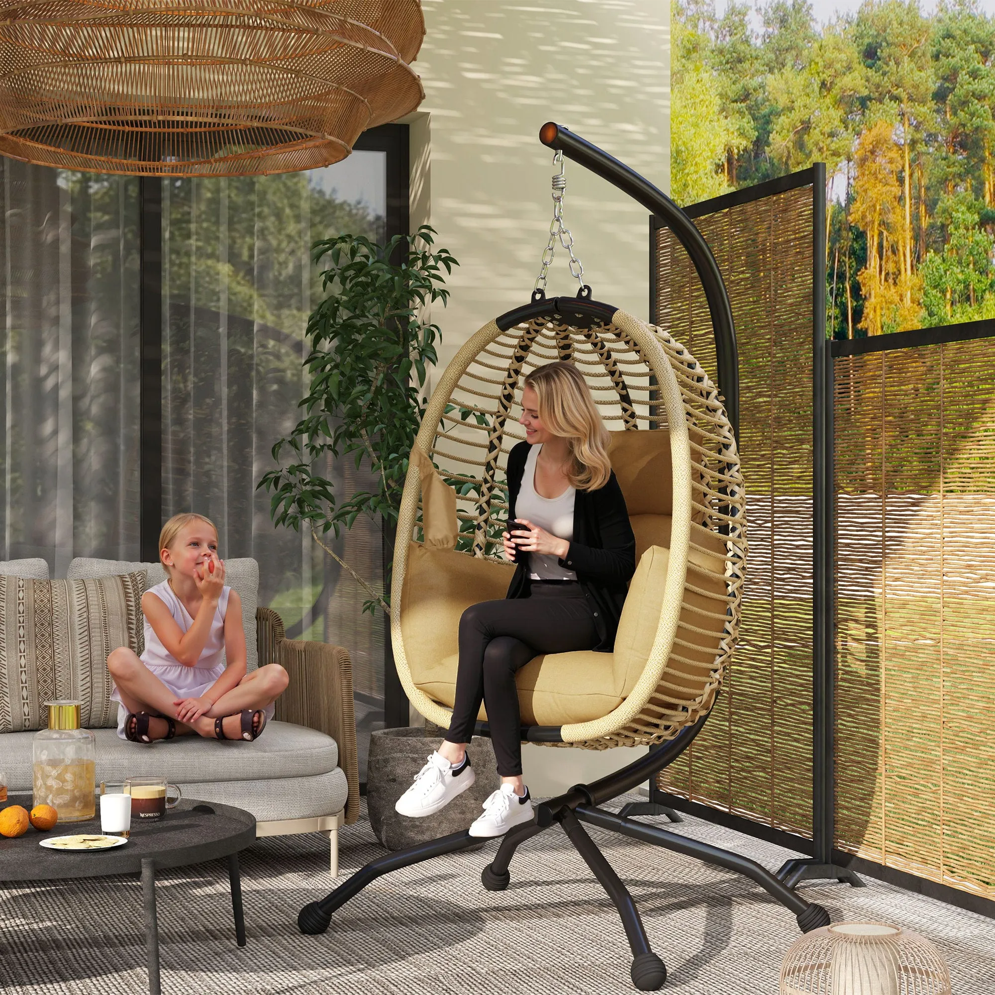 Outsunny Hanging Chair with Padded Cushion, Folding Seat and Steel and Rope Frame, Beige - Image 2