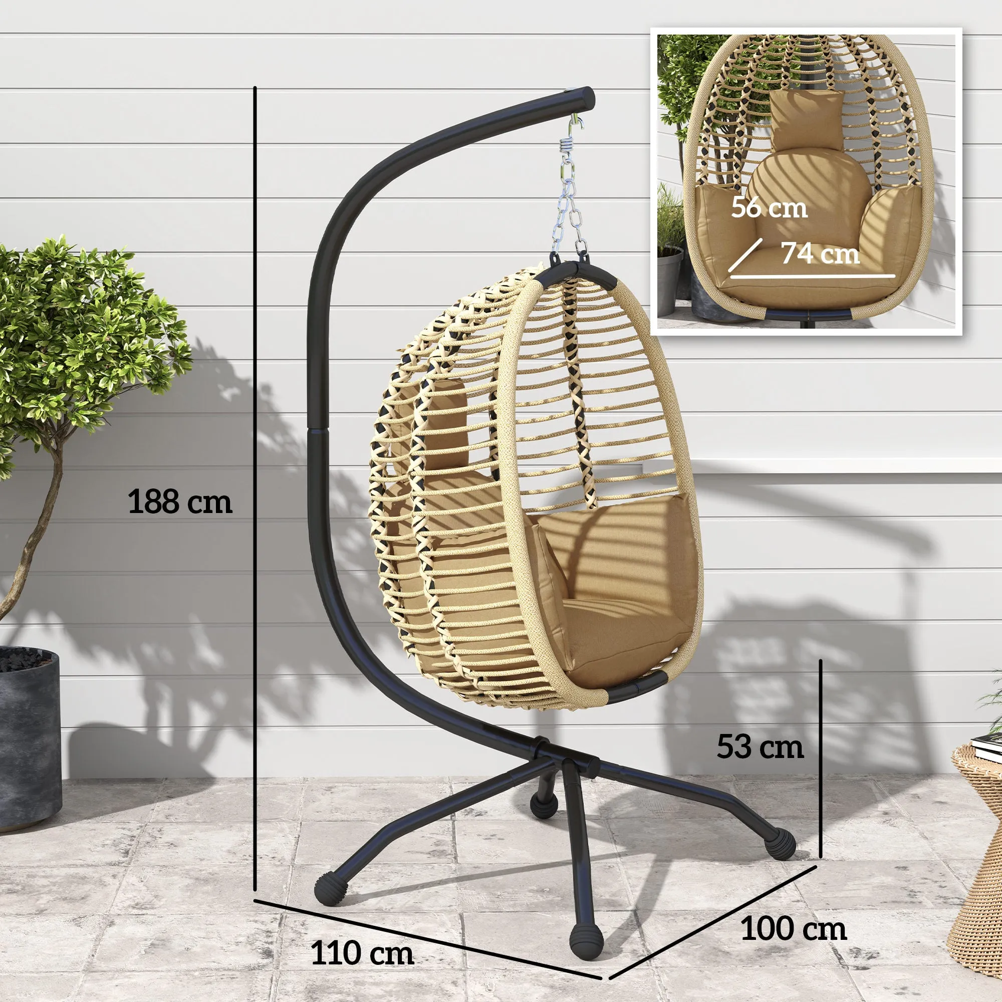 Outsunny Hanging Chair with Padded Cushion, Folding Seat and Steel and Rope Frame, Beige - Image 3