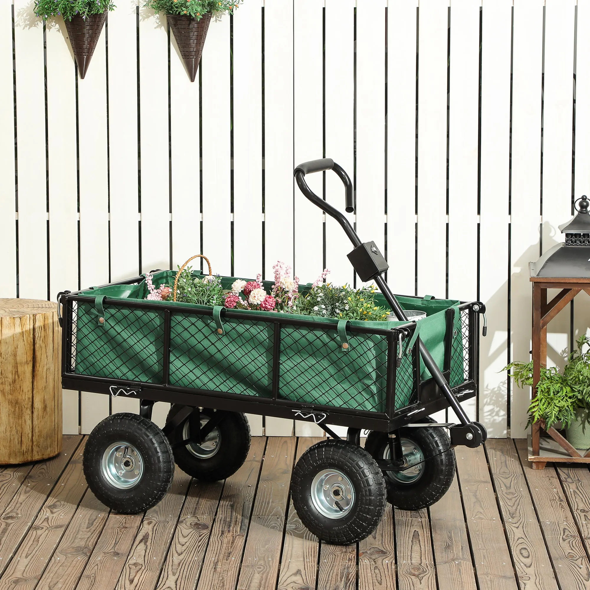 Outsunny 114L Steel Garden Cart with Storage Bag and Removable Walls, 105x51x54 cm, Green - Image 2