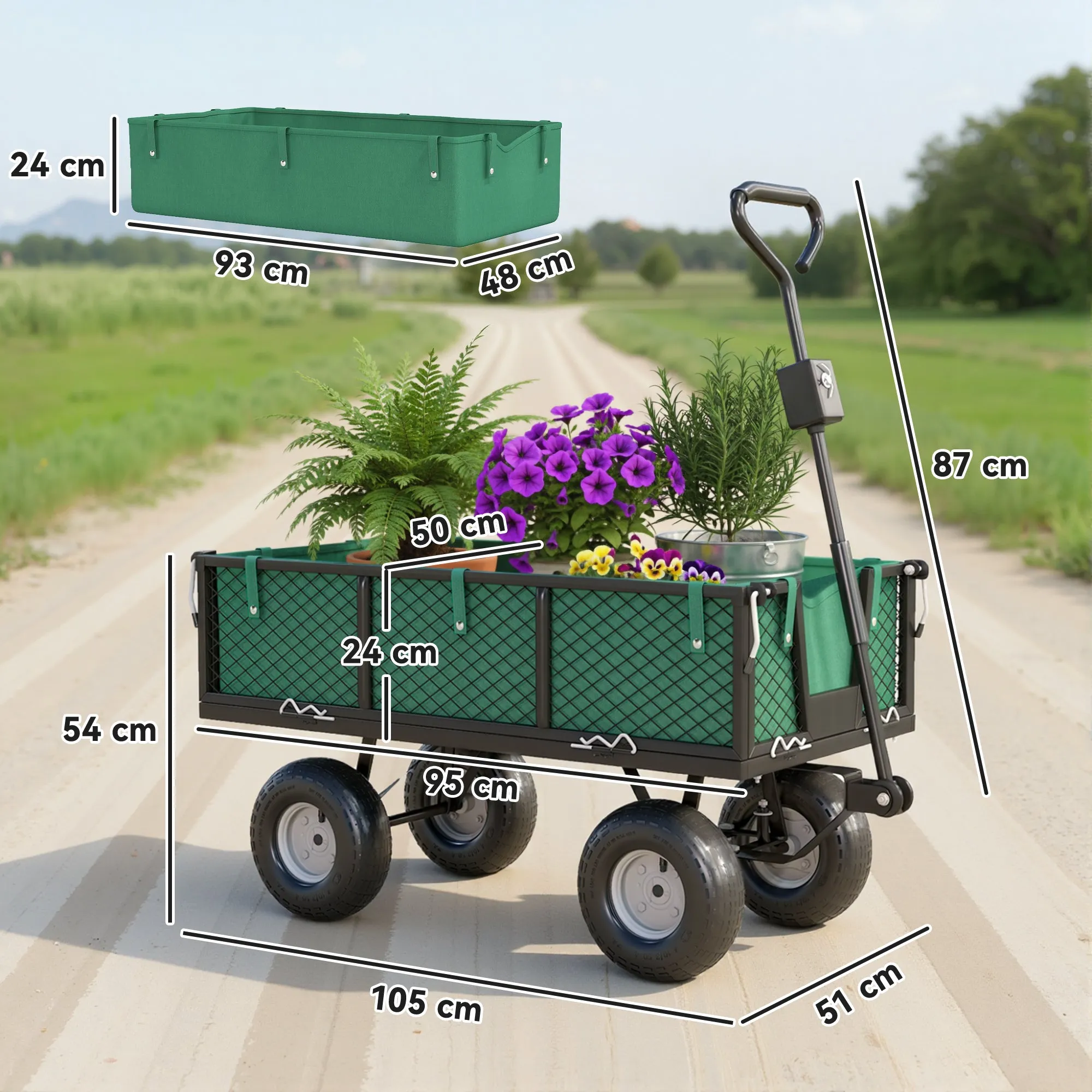 Outsunny 114L Steel Garden Cart with Storage Bag and Removable Walls, 105x51x54 cm, Green - Image 3