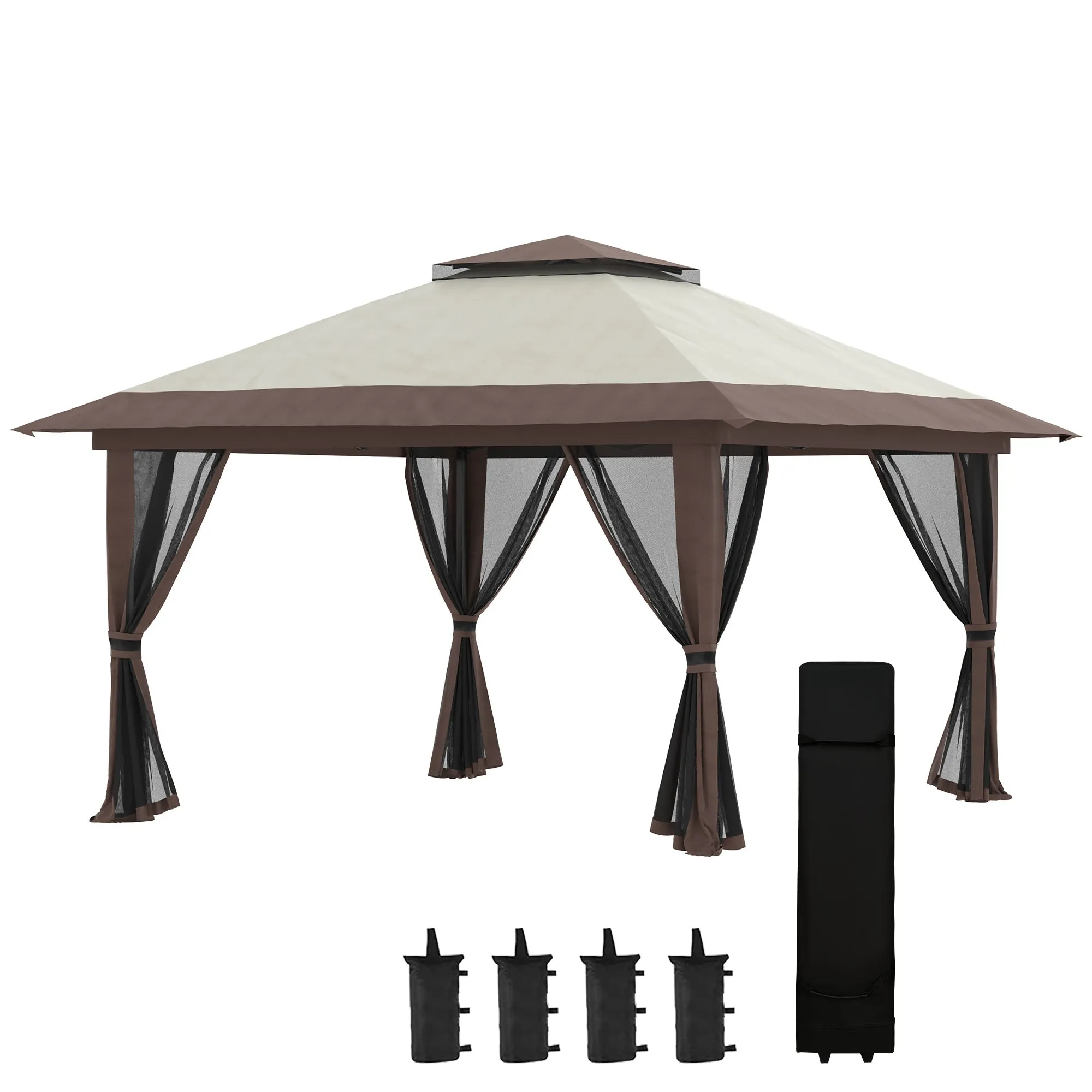 Outsunny 4x4m Adjustable Height Folding Gazebo with Mosquito Net and Bag, Metal and Oxford Fabric, Beige