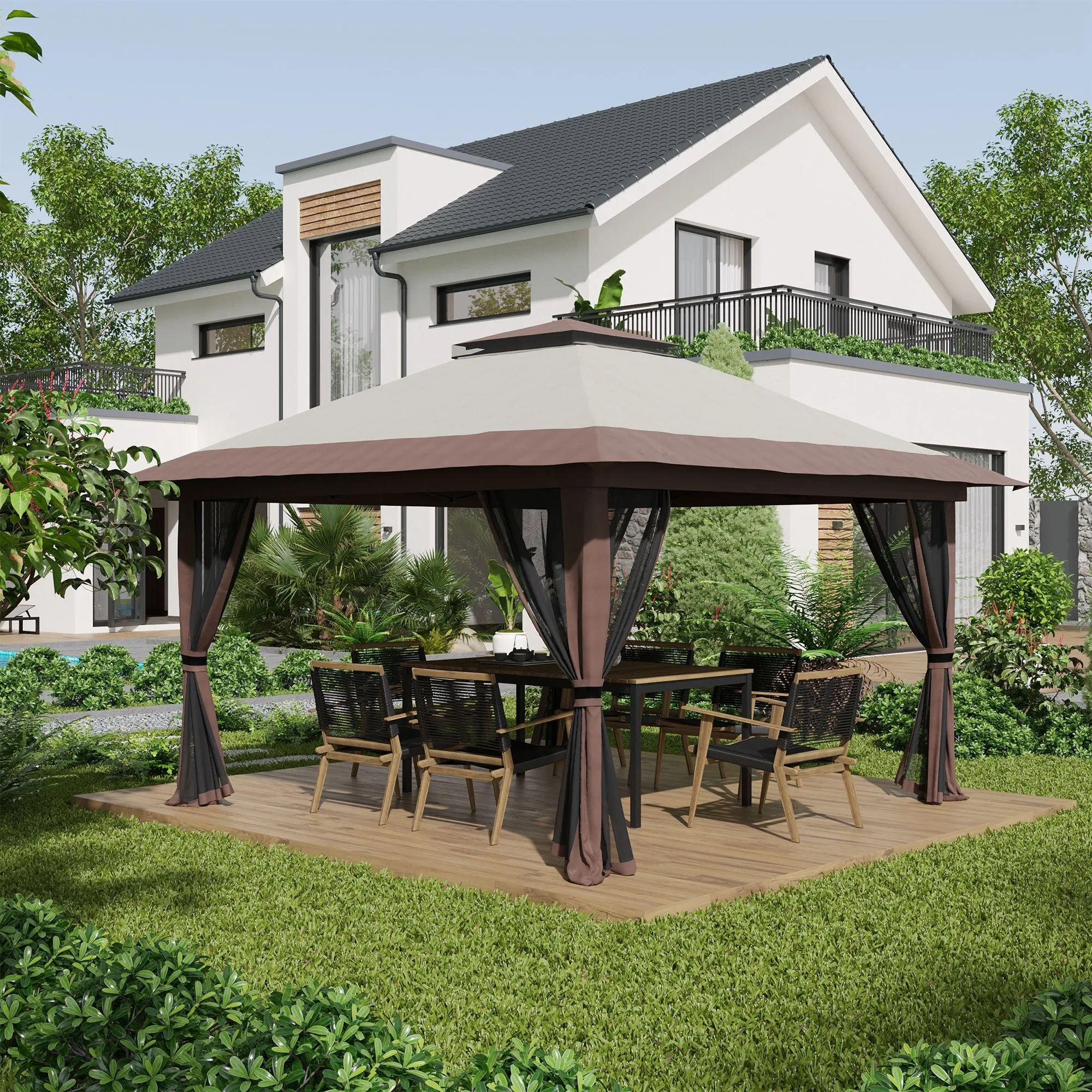 Outsunny 4x4m Adjustable Height Folding Gazebo with Mosquito Net and Bag, Metal and Oxford Fabric, Beige - Image 2