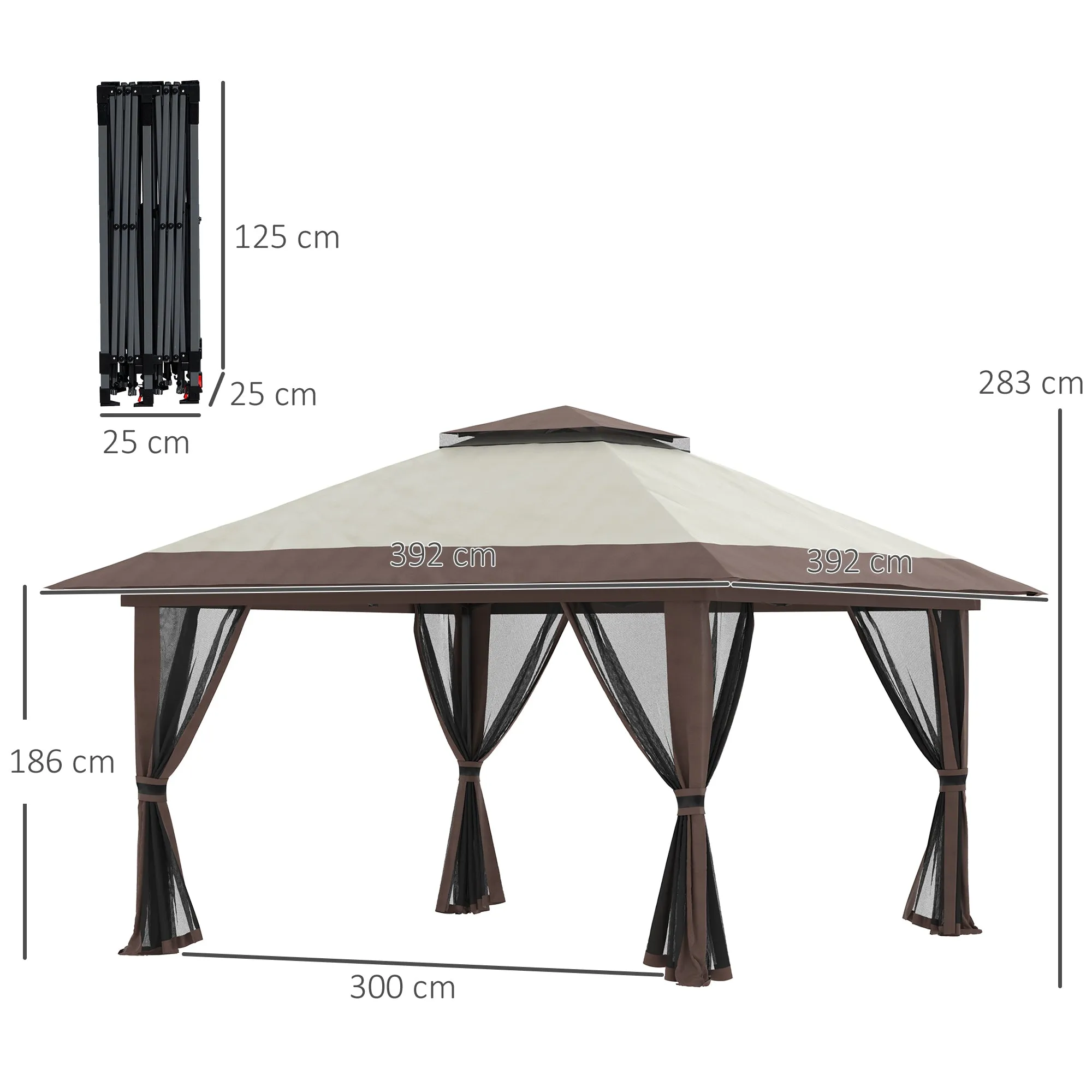 Outsunny 4x4m Adjustable Height Folding Gazebo with Mosquito Net and Bag, Metal and Oxford Fabric, Beige - Image 3