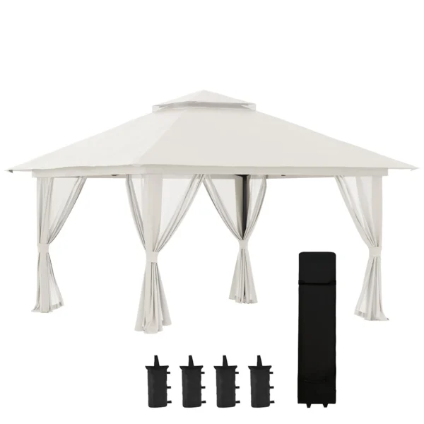 Outsunny 4x4m Adjustable Height Folding Gazebo with Mosquito Net and Bag, Metal and Oxford Fabric, Cream