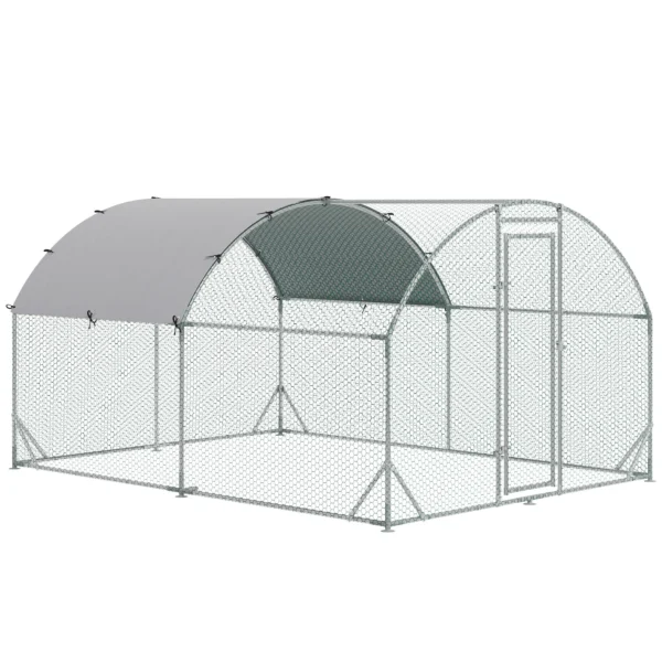 PawHut Galvanized Metal Chicken Run with Roof and UV Cover, 280x380x197 cm, Silver