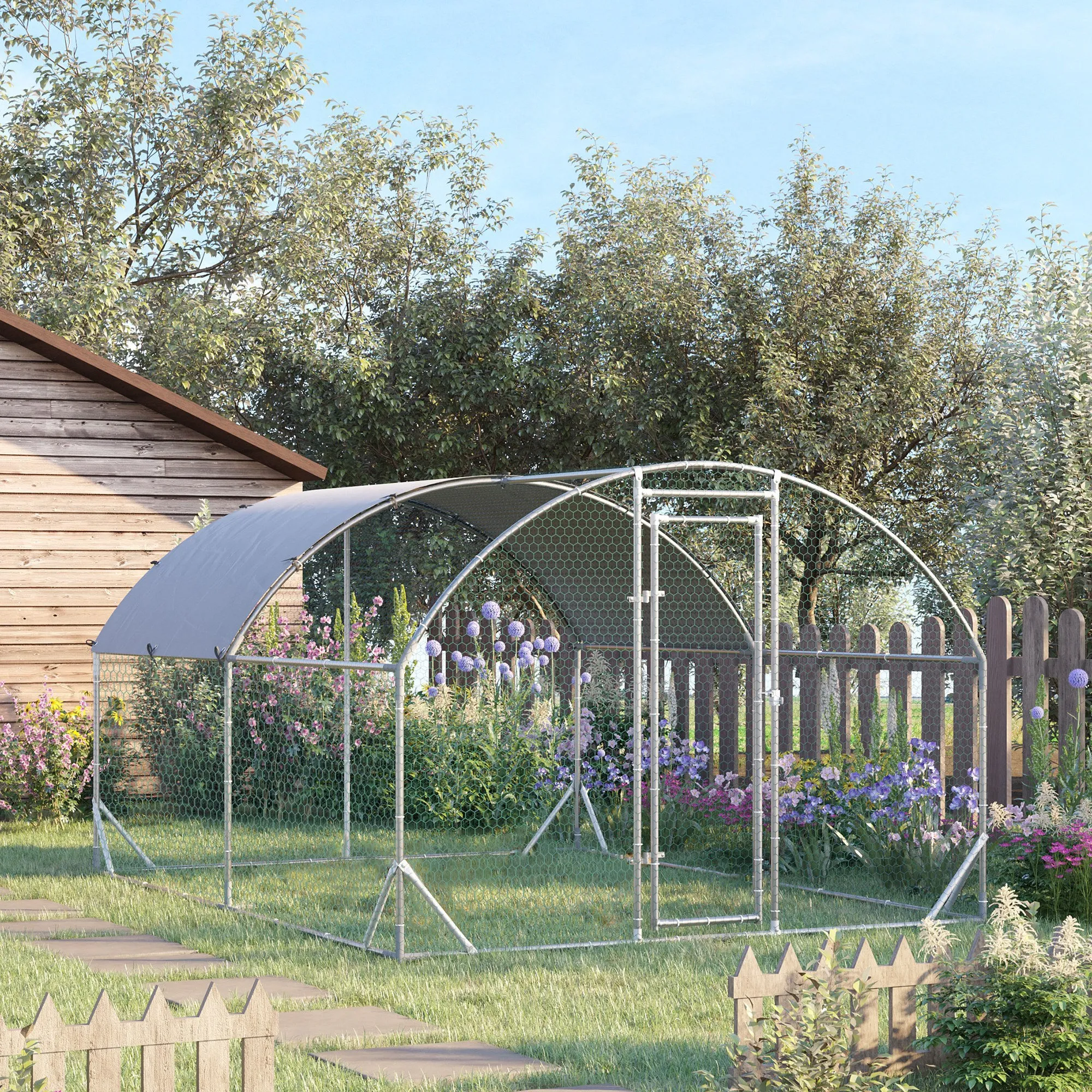 PawHut Galvanized Metal Chicken Run with Roof and UV Cover, 280x380x197 cm, Silver - Image 2