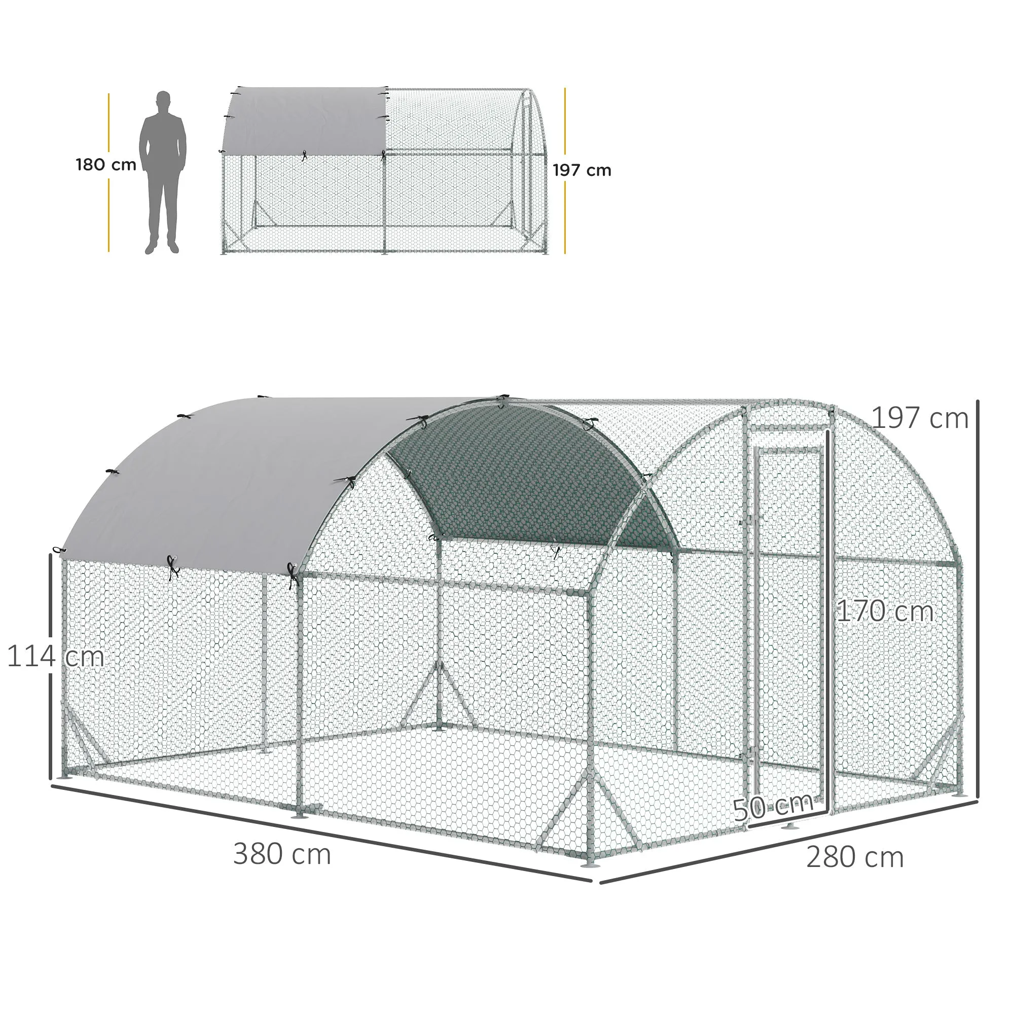 PawHut Galvanized Metal Chicken Run with Roof and UV Cover, 280x380x197 cm, Silver - Image 3