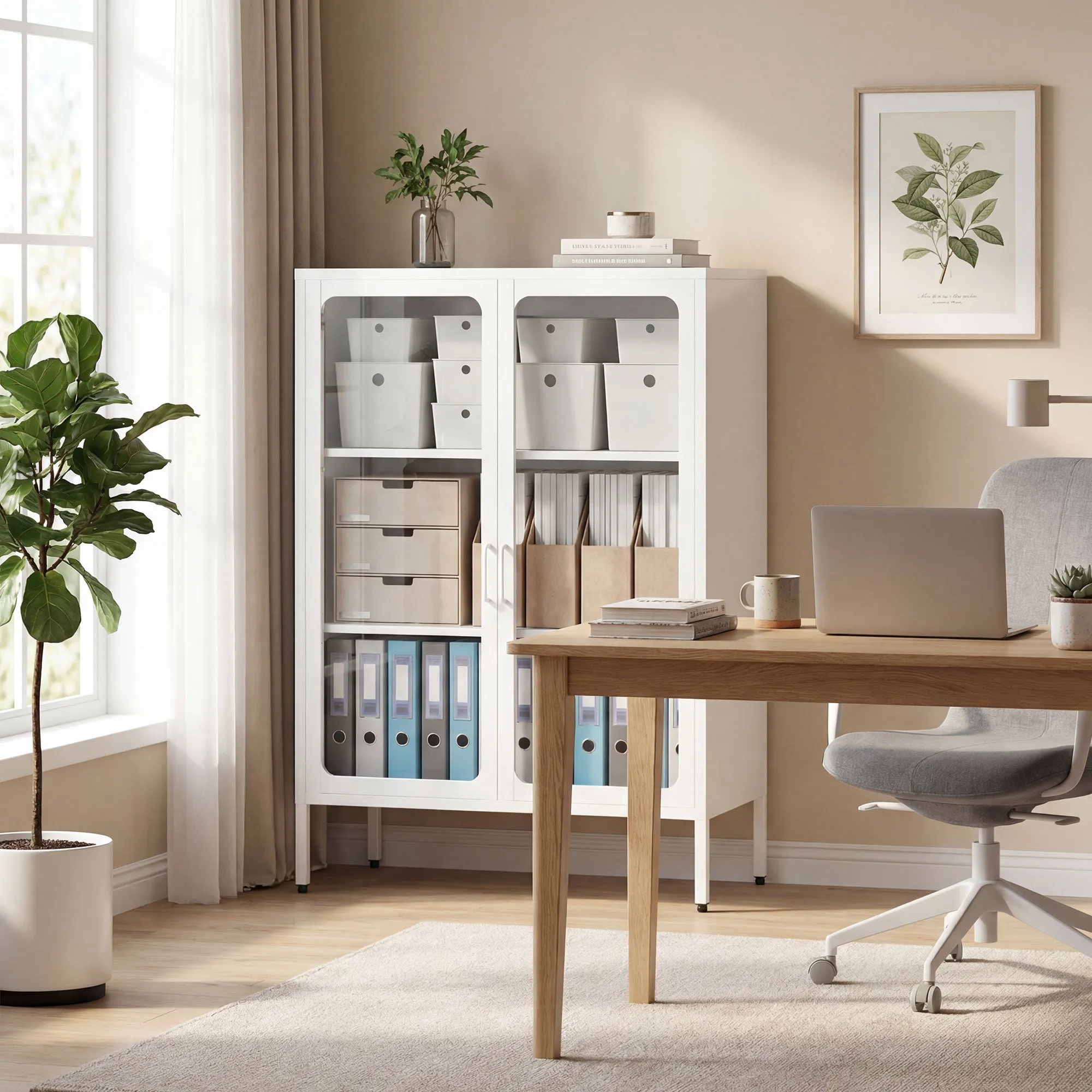 Steel Document Cabinet with 2 Glass Doors and Adjustable Shelves, 80x40x110 cm, White - Image 2