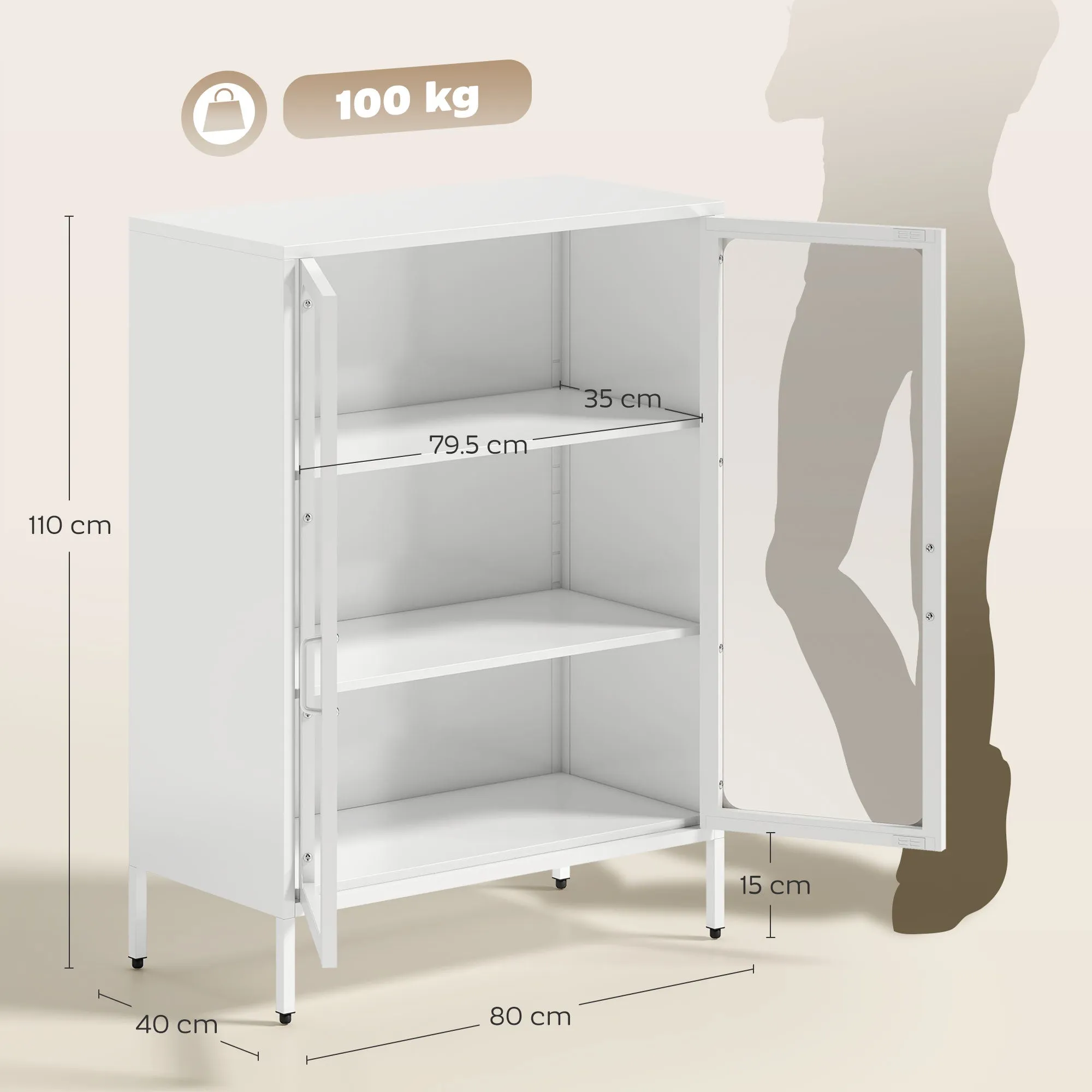 Steel Document Cabinet with 2 Glass Doors and Adjustable Shelves, 80x40x110 cm, White - Image 3