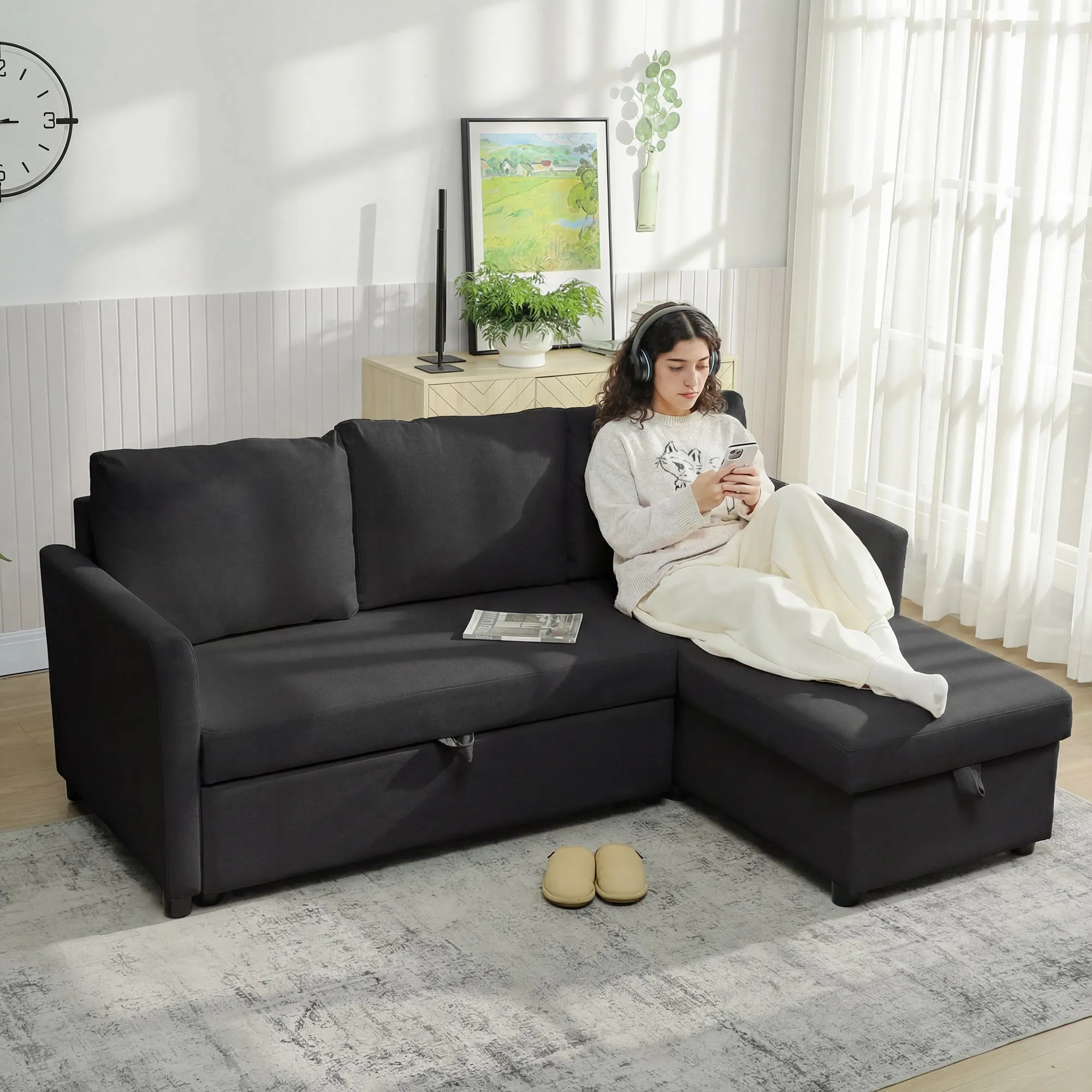 Linen-Effect Corner Sofa Bed with Retractable Storage Compartment, 192x148x86 cm, Anthracite Grey - Image 2