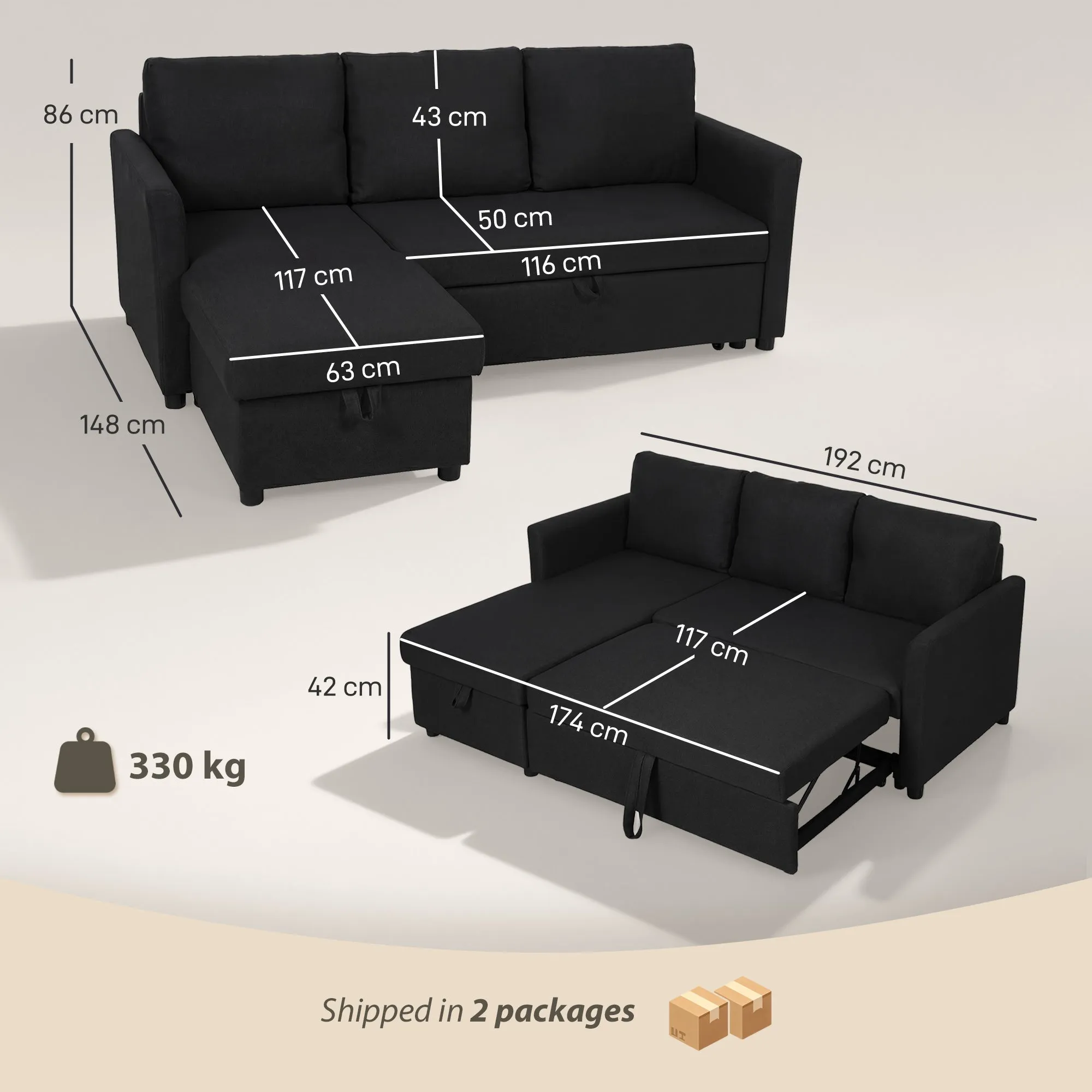 Linen-Effect Corner Sofa Bed with Retractable Storage Compartment, 192x148x86 cm, Anthracite Grey - Image 3