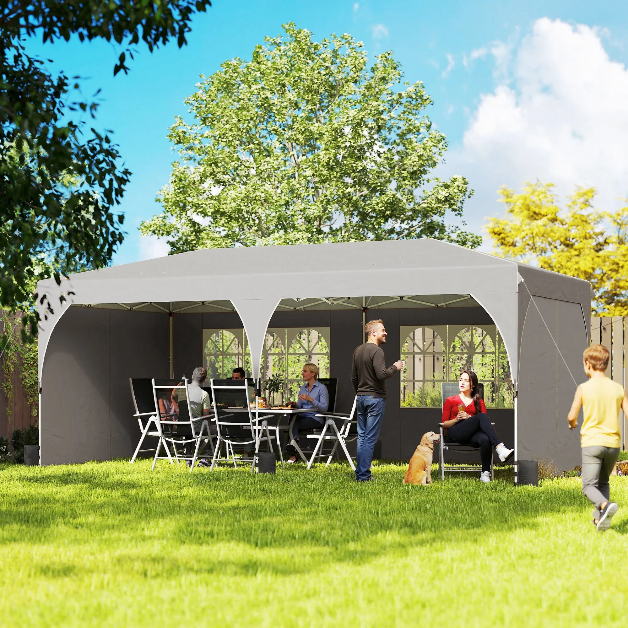Outsunny 3x6m Folding Gazebo with Walls and Adjustable Height, UV Protection 50+, Light Grey - Image 2