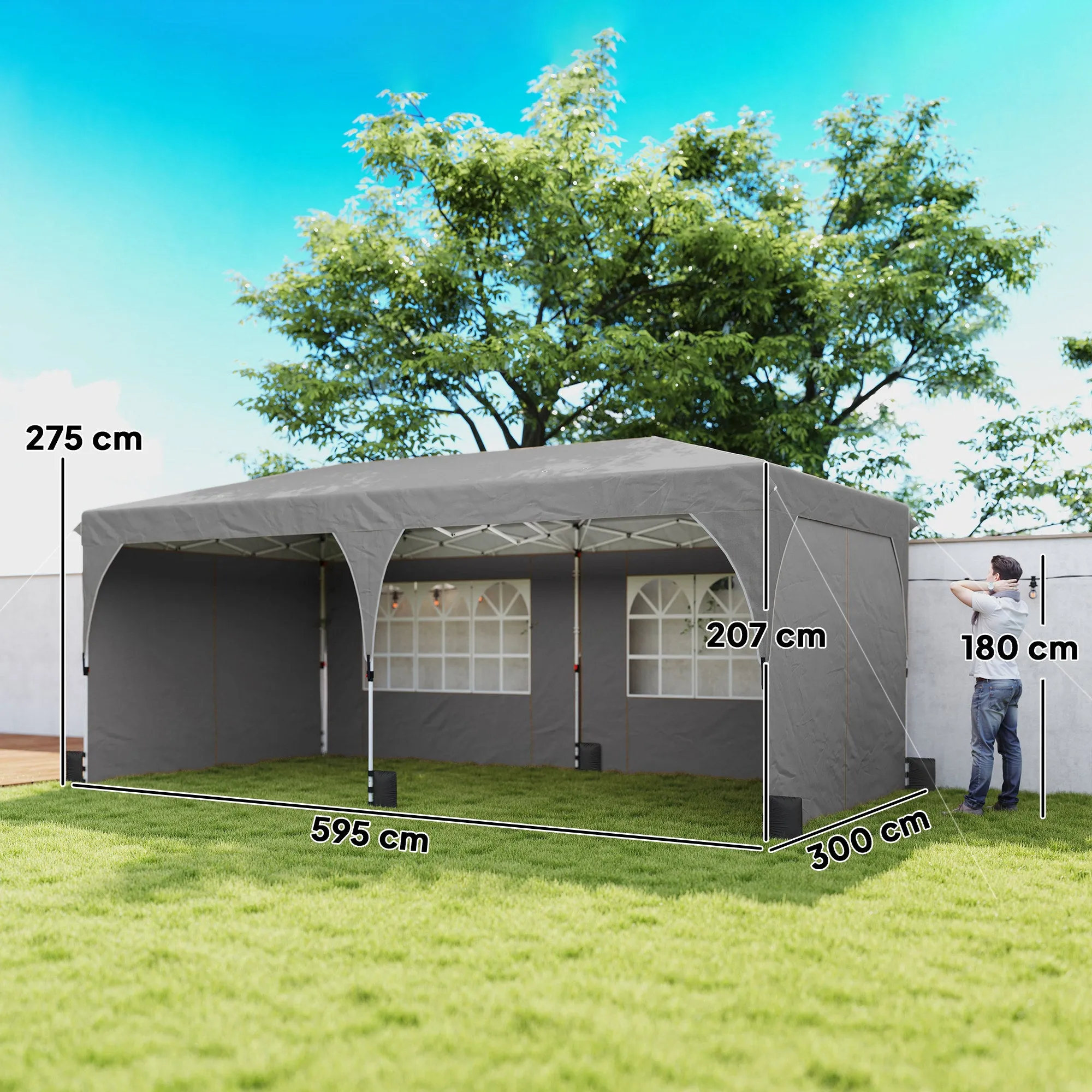 Outsunny 3x6m Folding Gazebo with Walls and Adjustable Height, UV Protection 50+, Light Grey - Image 3