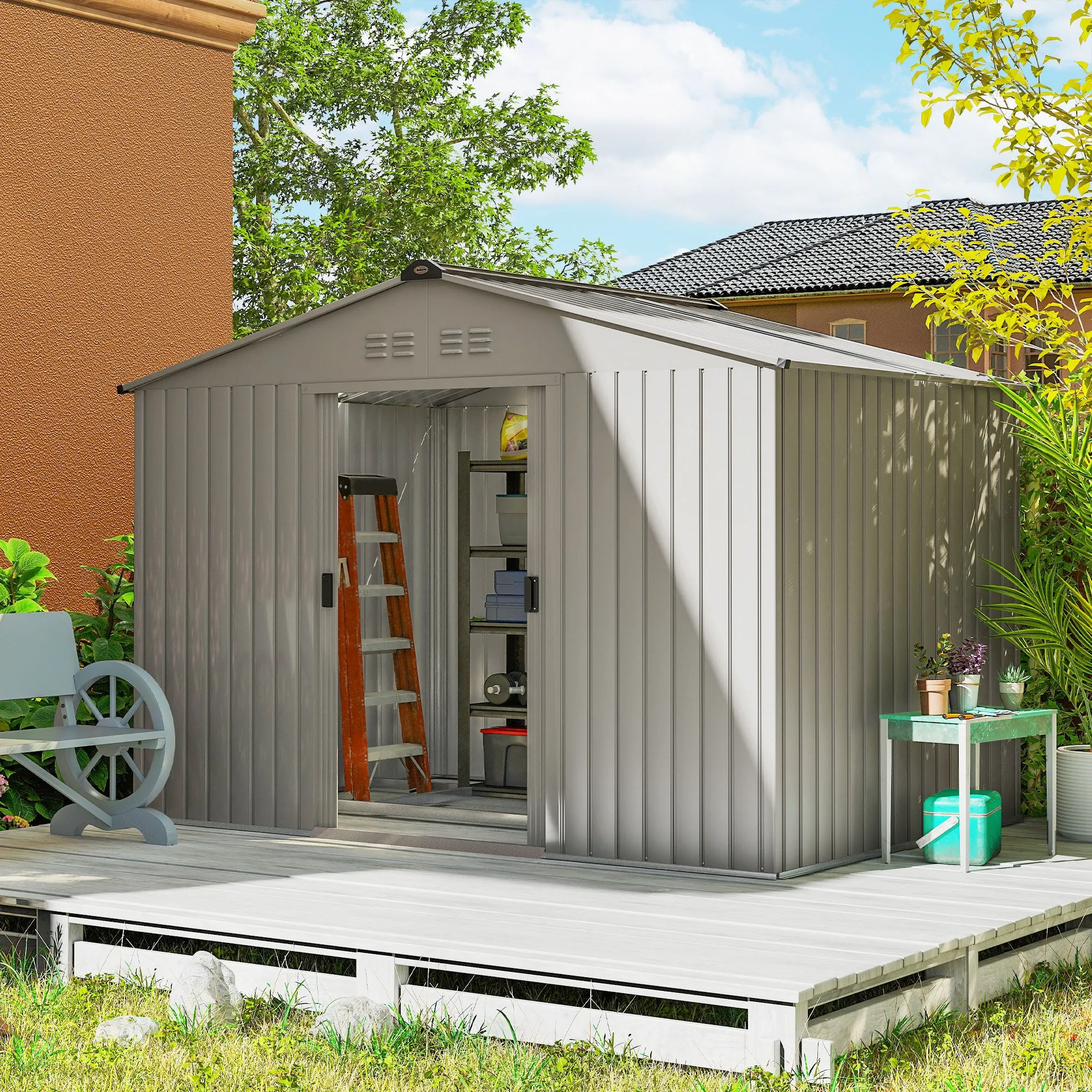 Outsunny Metal Garden Shed with Air Vents and Double Sliding Door, 277x195x192 cm, Silver - Image 2
