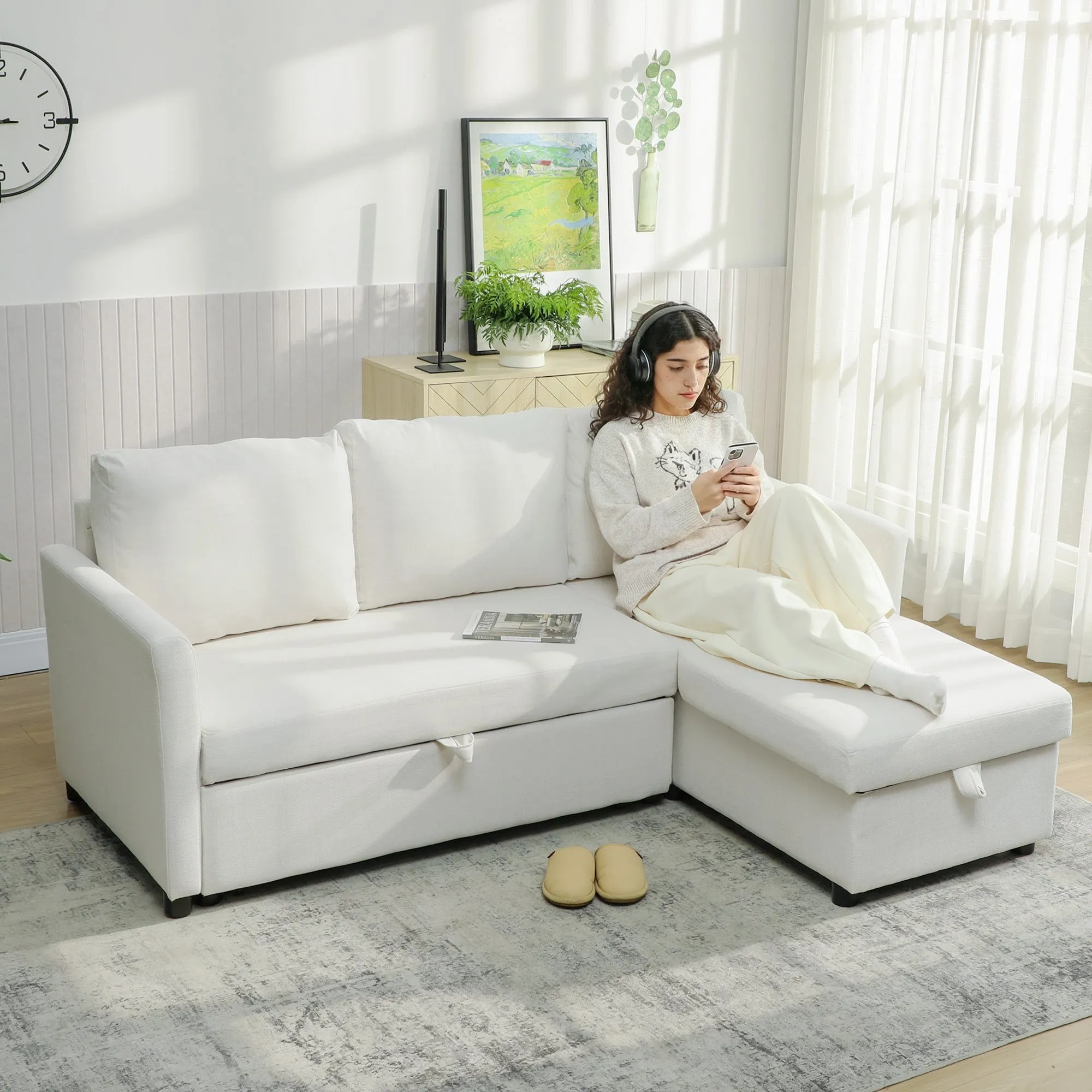 Linen-Effect Corner Sofa Bed with Retractable Storage Compartment, 192x148x86 cm, Cream White - Image 2