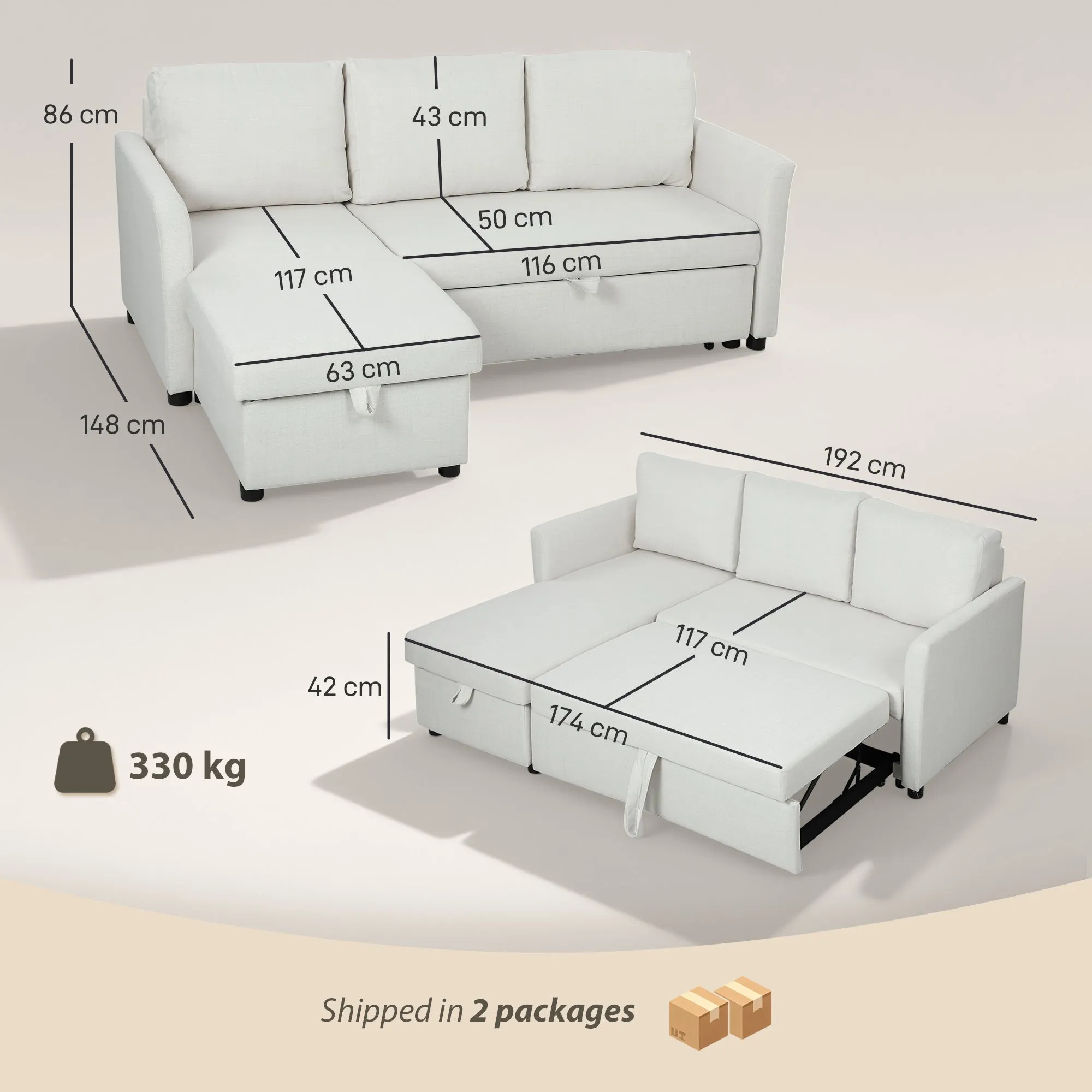 Linen-Effect Corner Sofa Bed with Retractable Storage Compartment, 192x148x86 cm, Cream White - Image 3