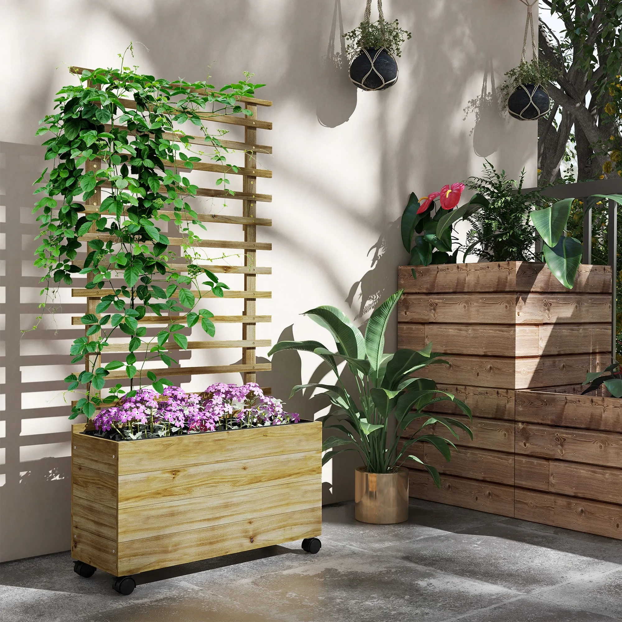 Outsunny Vertical Planter with 4 Wheels and Wooden Trellis for Climbing Plants, 76x30x155 cm, Wood Color - Image 2