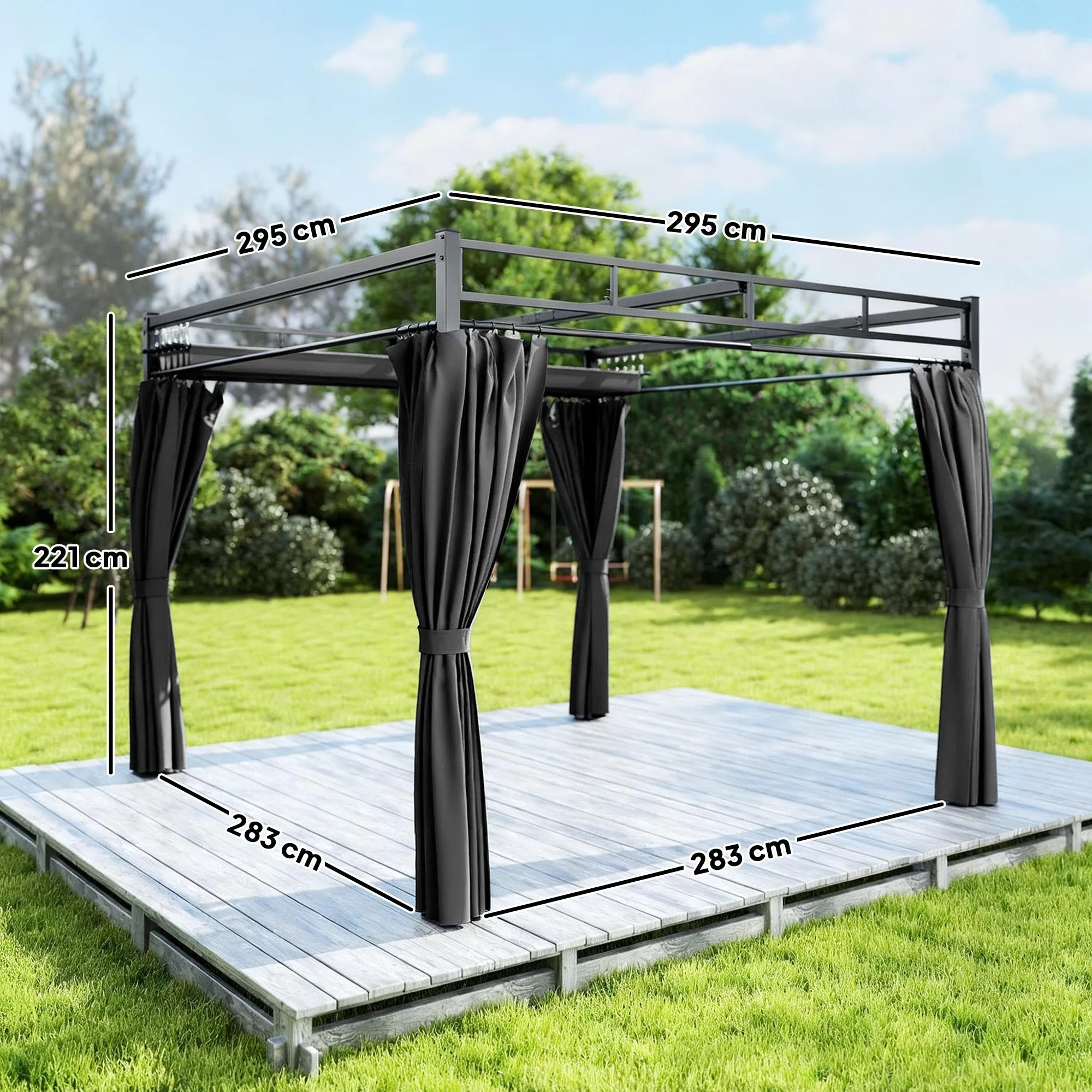 Outsunny Pergola Gazebo 3x3 m with Sliding Roof UV30+ and 4 Side Walls, Dark Grey - Image 3