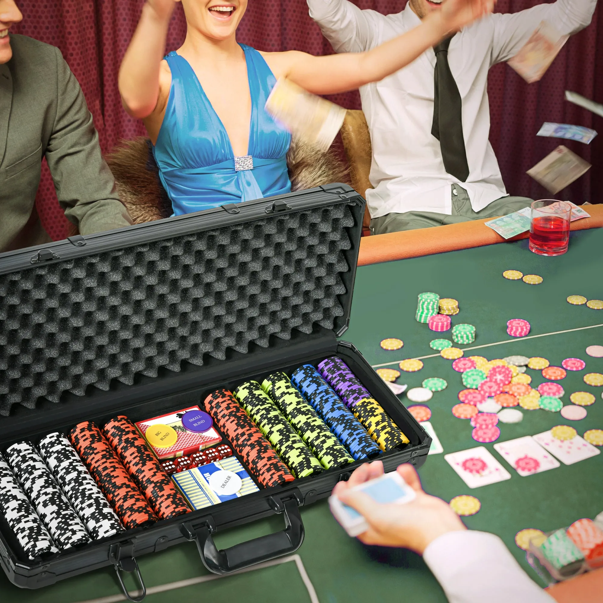 SPORTNOW Poker Set with 500 Chips, 2 Decks of Cards, 5 Dice, Buttons and Protective Black Aluminum Case - Image 2
