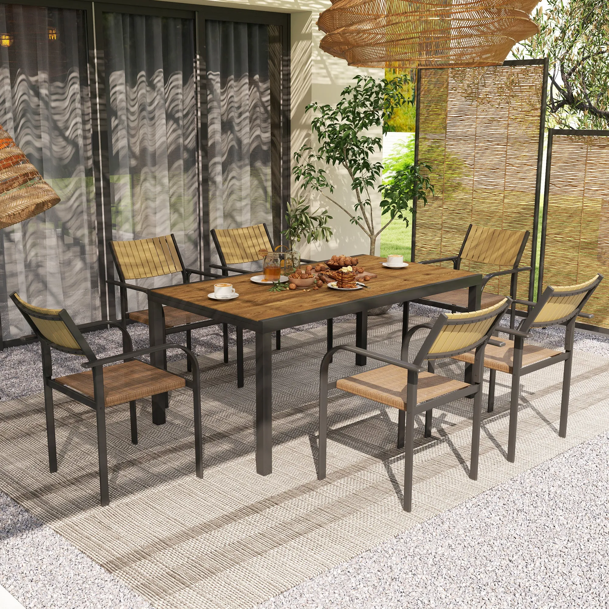 Outsunny Extendable Garden Table Set with 6 Stackable Outdoor Chairs, Steel and Textilene, Brown - Image 2