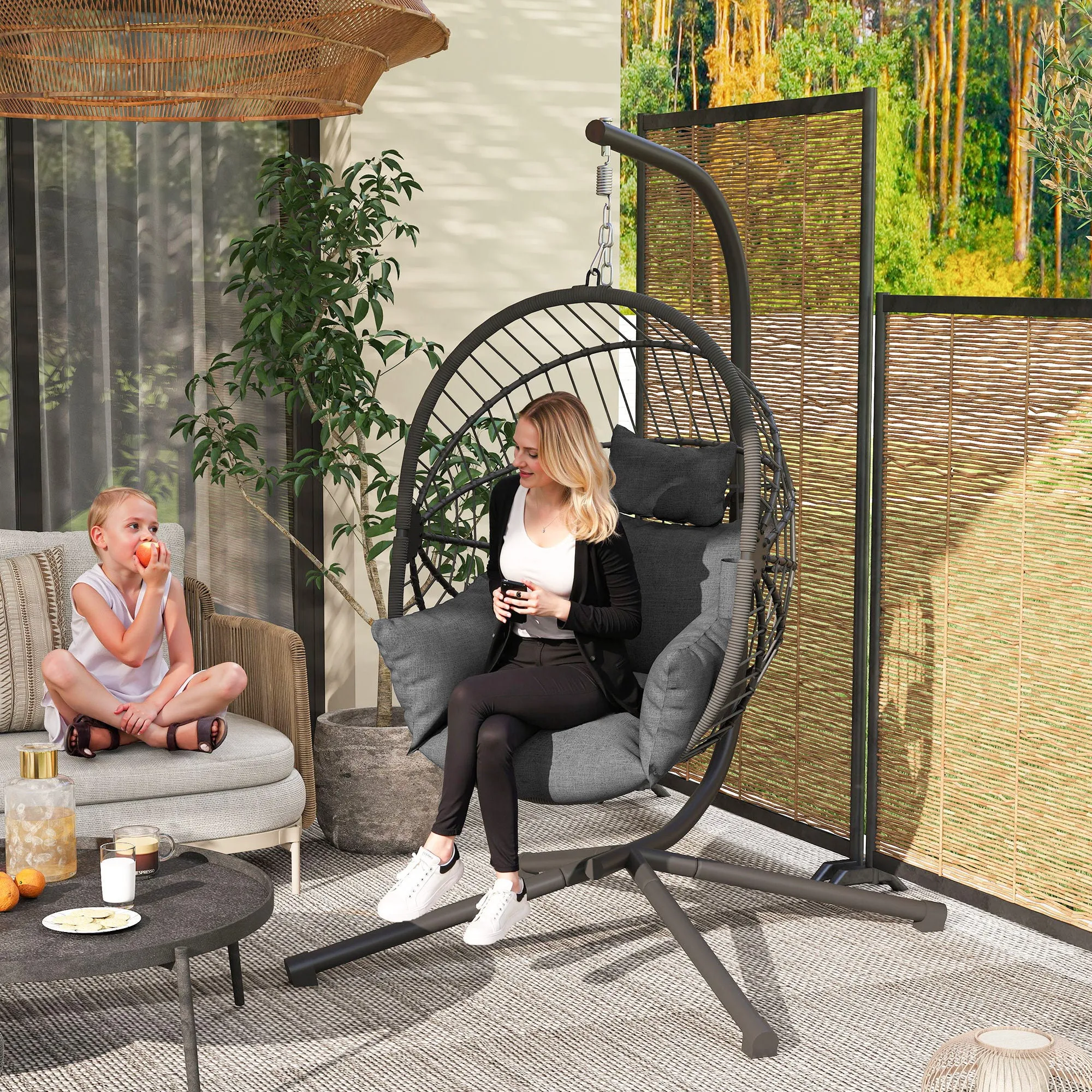 Outsunny Hanging Egg Chair with Padded Cushion and Folding Basket, 120x106x188 cm, Grey - Image 2
