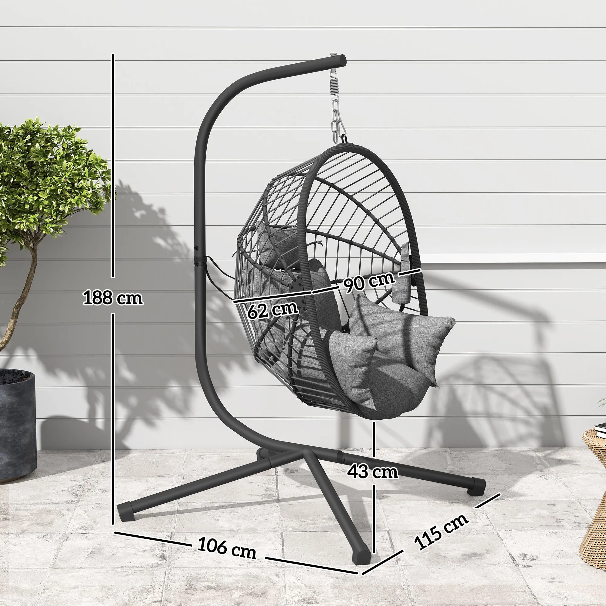 Outsunny Hanging Egg Chair with Padded Cushion and Folding Basket, 120x106x188 cm, Grey - Image 3