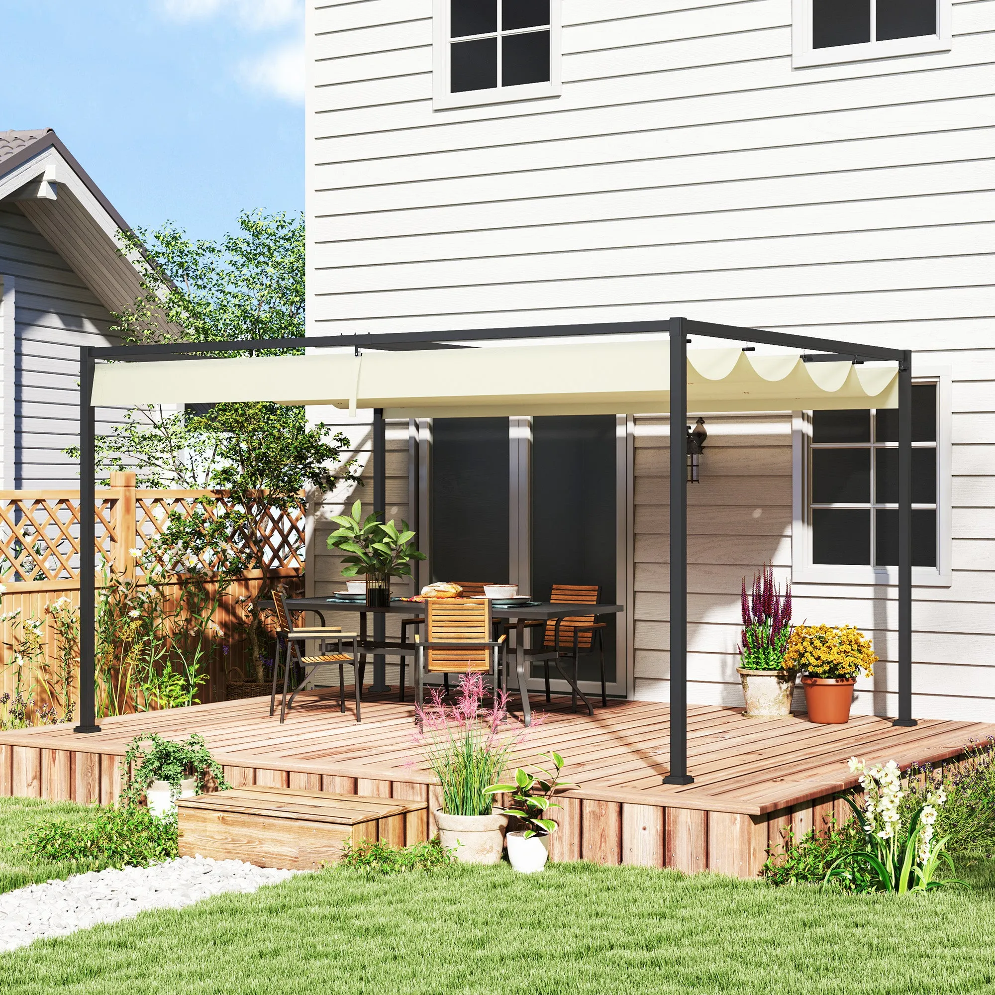 Outsunny Pergola Outdoor Gazebo 4x3 m with Retractable Metal and Polyester Canopy, Cream - Image 2