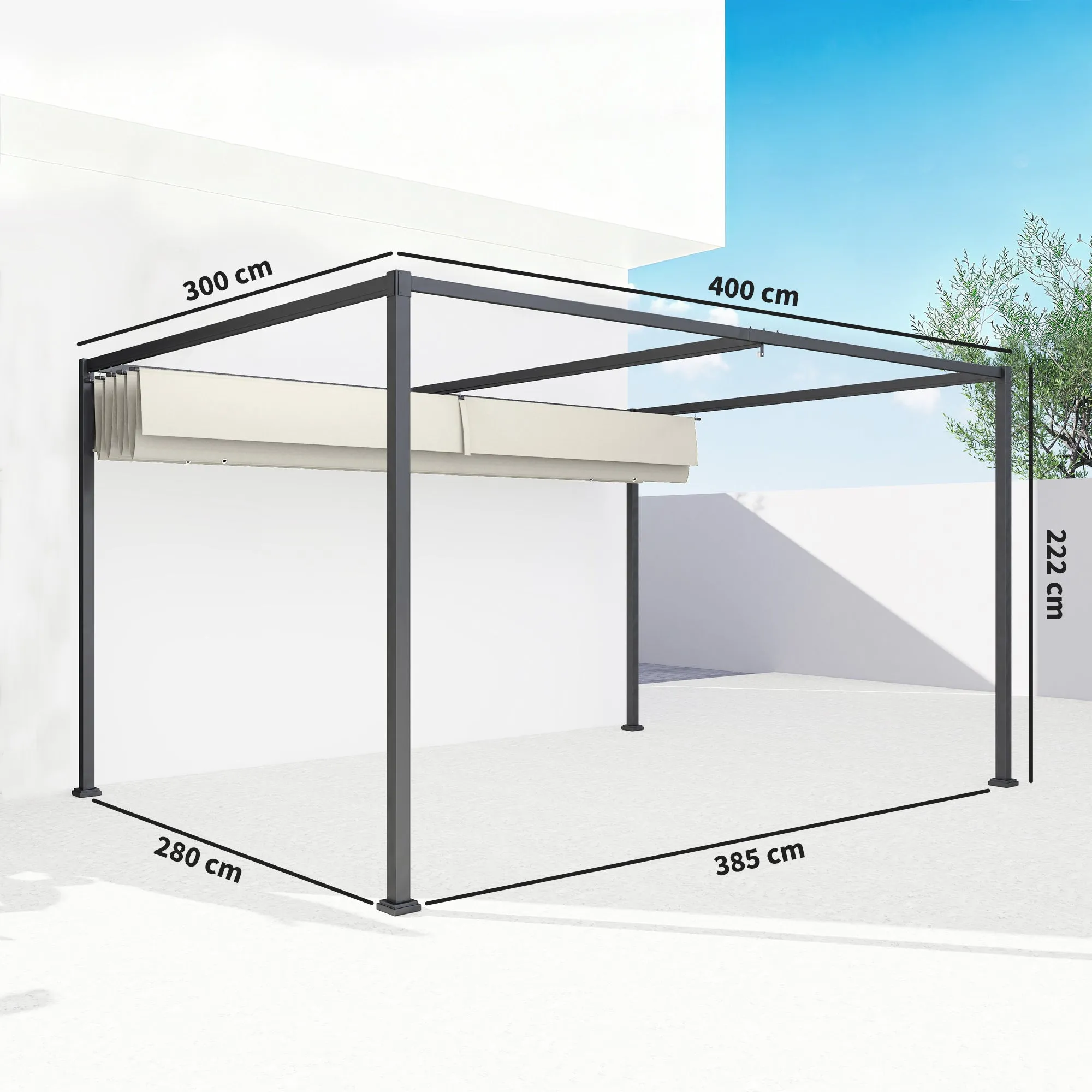 Outsunny Pergola Outdoor Gazebo 4x3 m with Retractable Metal and Polyester Canopy, Cream - Image 3