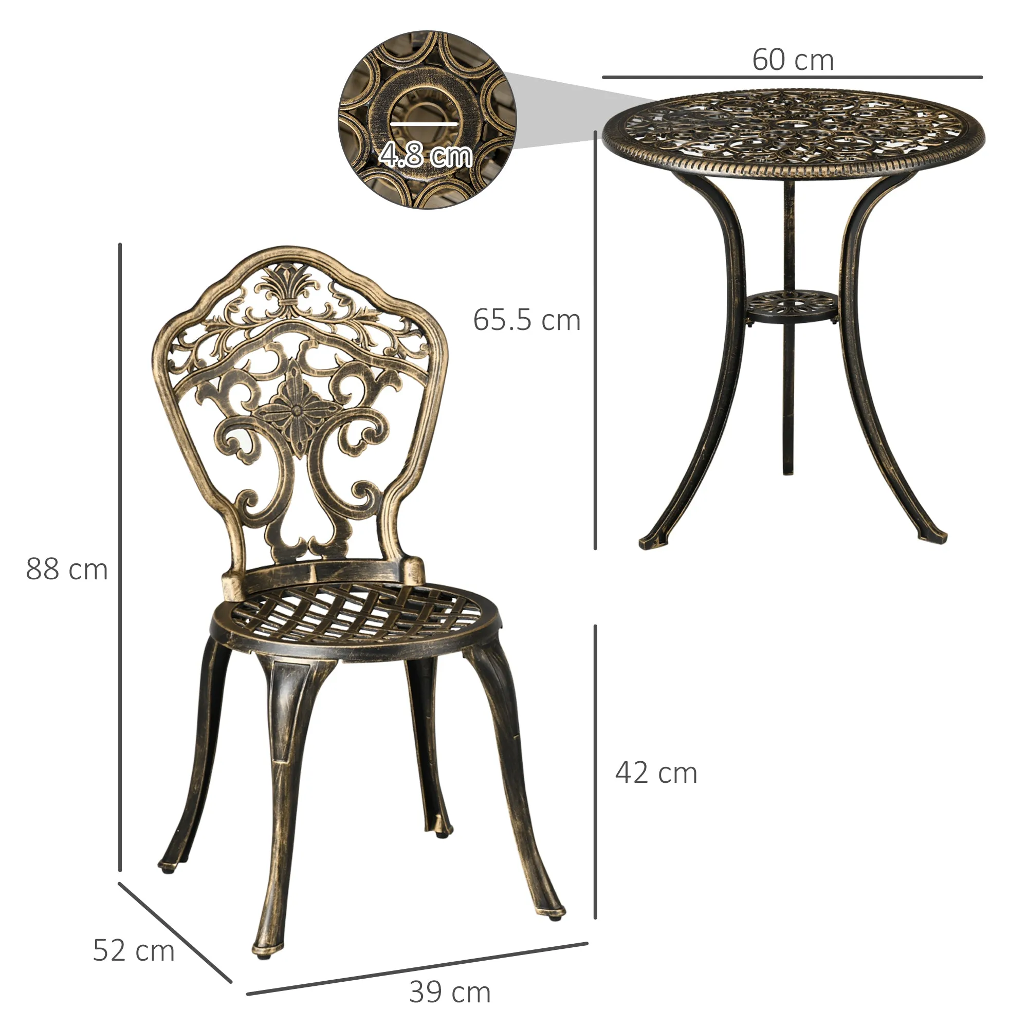 3-Piece Aluminum Outdoor Set with 2 Garden Chairs and Round Table with Umbrella Hole, Bronze - Image 3