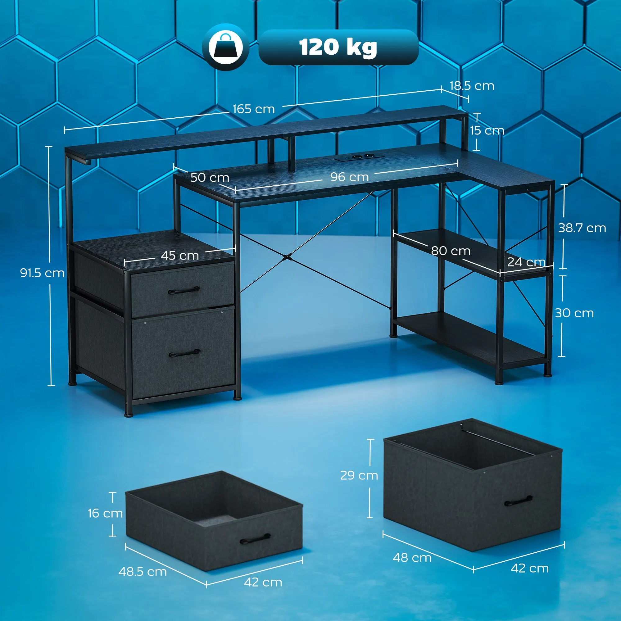 Gaming Desk with Storage Space and 2 Monitor Stands, Wood and Steel, 165x80x91.5 cm, Black - Image 3