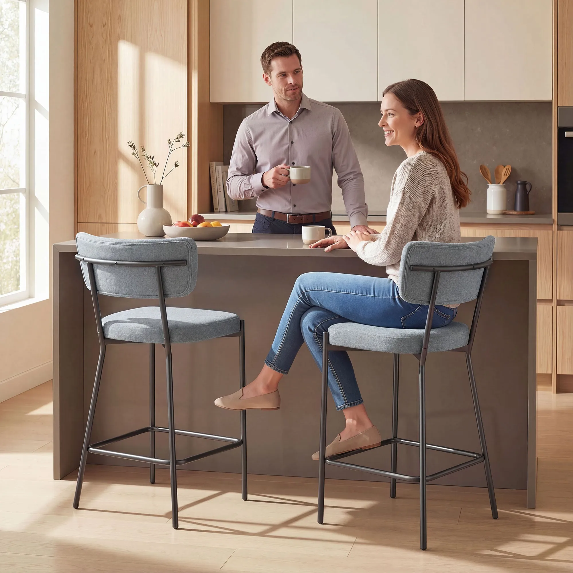 Set of 2 Bar Stools with Backrest and Footrest in Metal and Fabric, Light Grey - Image 2