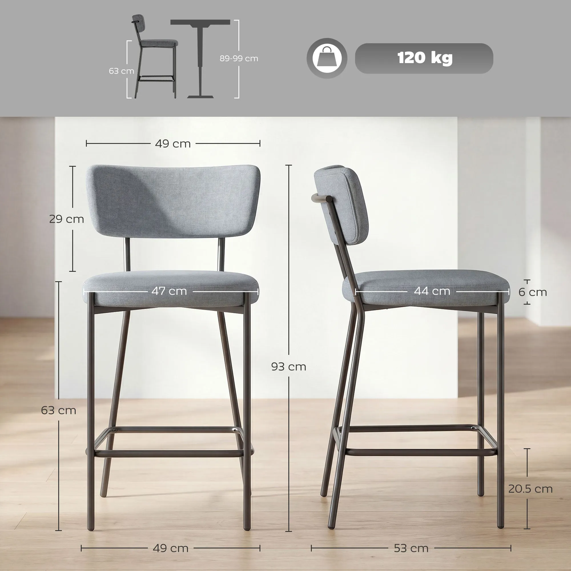 Set of 2 Bar Stools with Backrest and Footrest in Metal and Fabric, Light Grey - Image 3