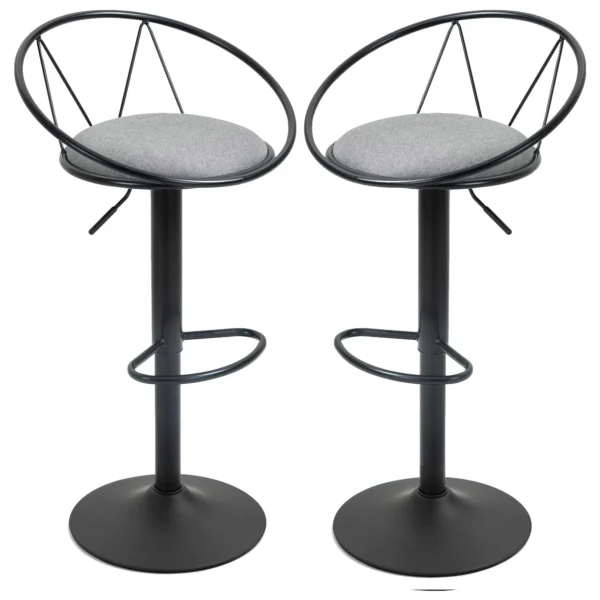 Set of 2 Bar Stools with Backrest and Footrest, Adjustable Height and Padded Seat, Grey